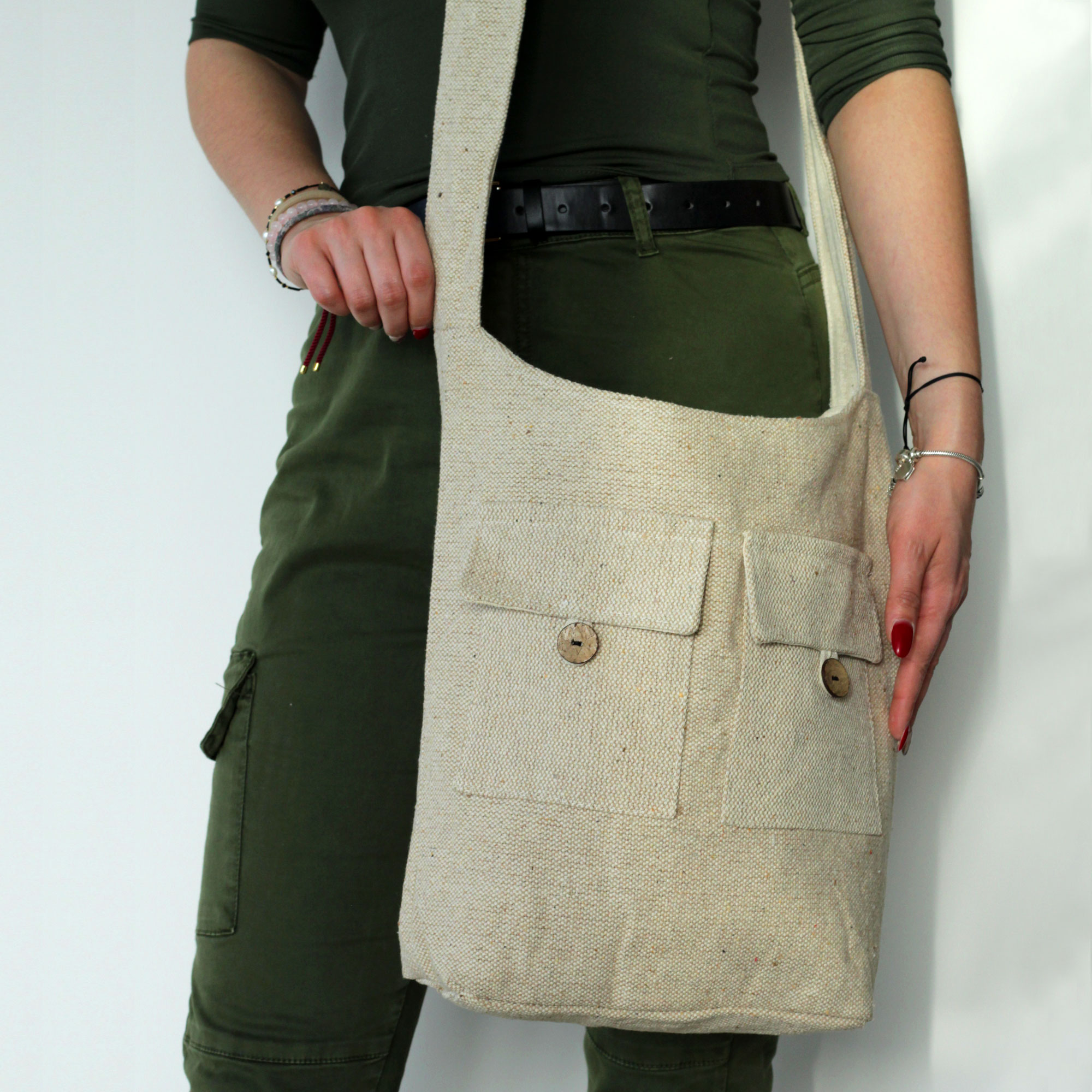 Grand sac bandoulière beige en coton - écolo chic 