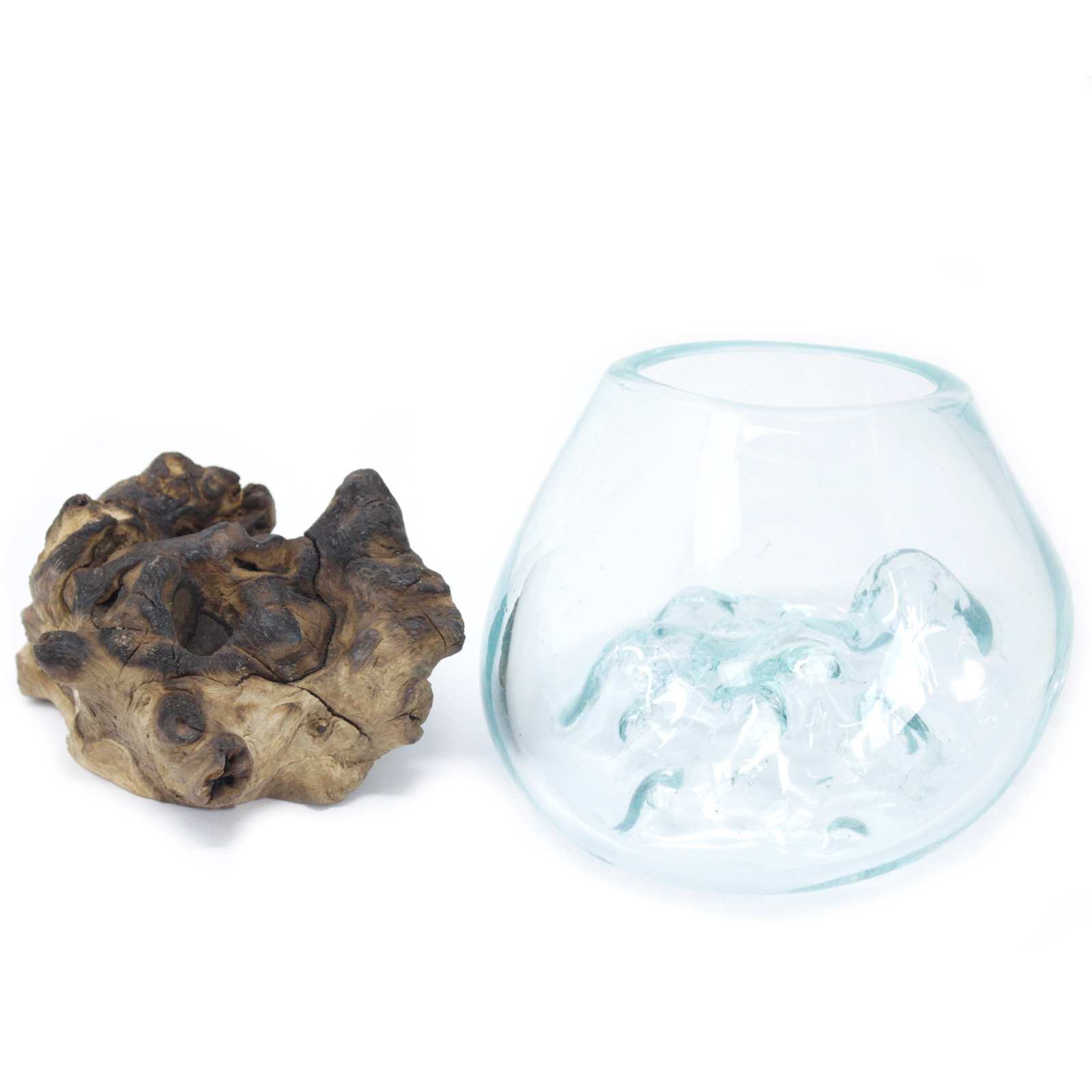 Vase en verre soufflé sur bois rustique - DECO AUTHENTIQUE  - Petit format 