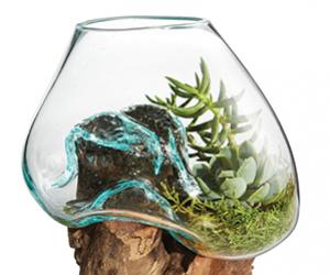 Vase en verre soufflé sur bois rustique - DECO AUTHENTIQUE  - Grand format 