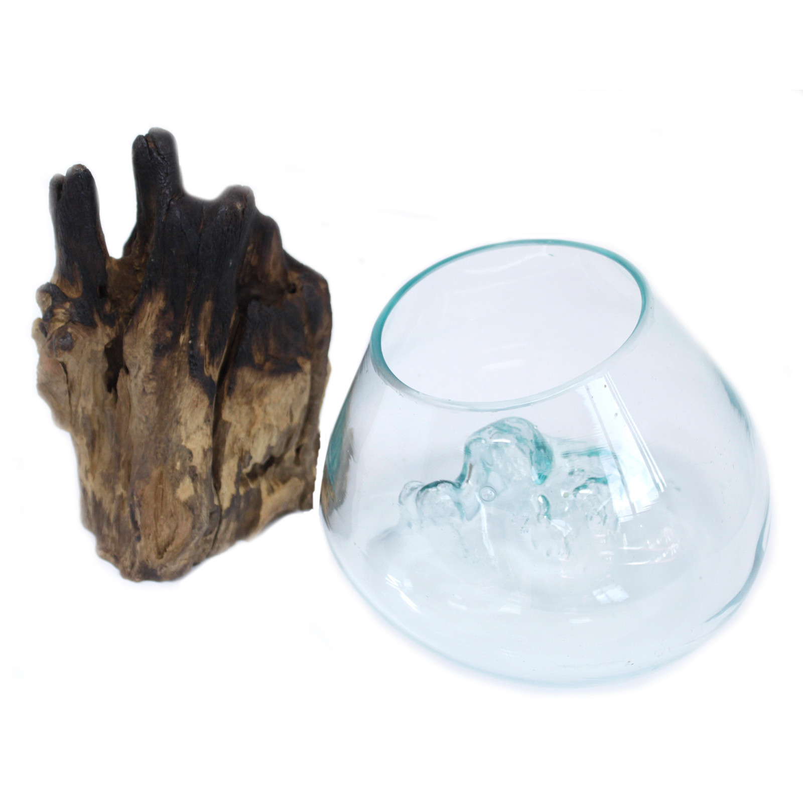 Vase en verre soufflé sur bois rustique - DECO AUTHENTIQUE  - Grand format 