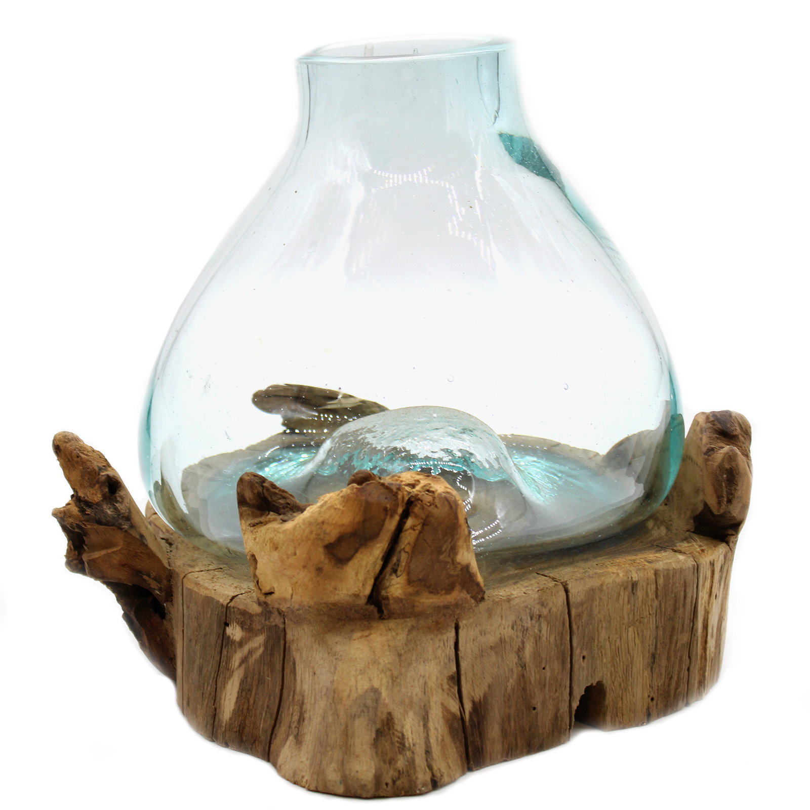 Grand aquarium lumineux en verre soufflé sur bois rustique - DECO AUTHENTIQUE - 30 cm