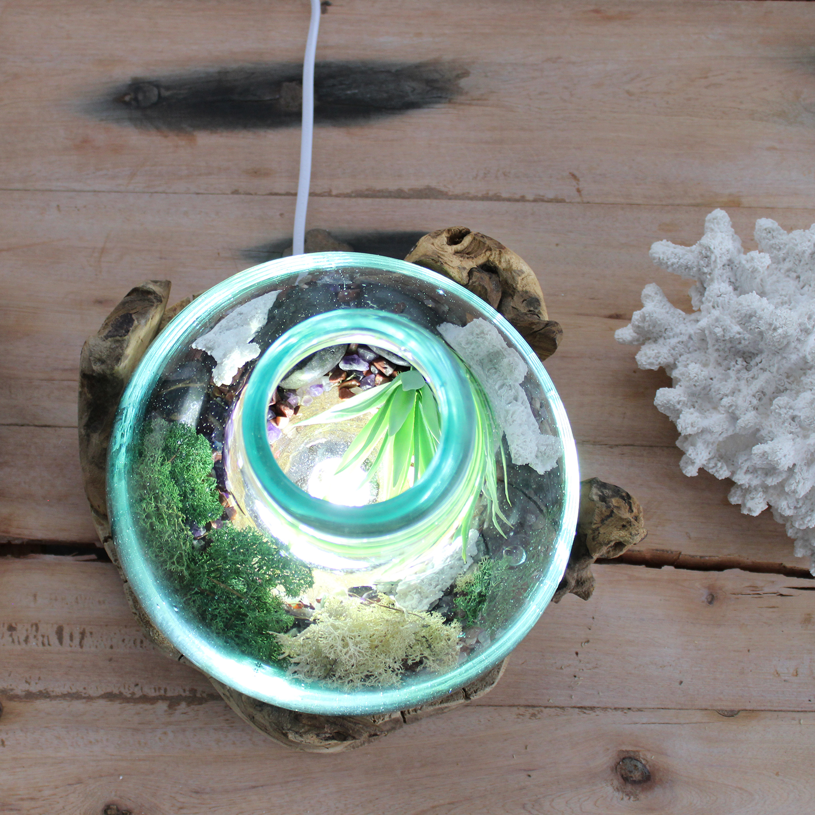 Grand aquarium lumineux en verre soufflé sur bois rustique - DECO AUTHENTIQUE - 30 cm