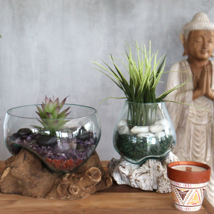 Vase en verre soufflé sur bois rustique - DECO AUTHENTIQUE  - Grand format 