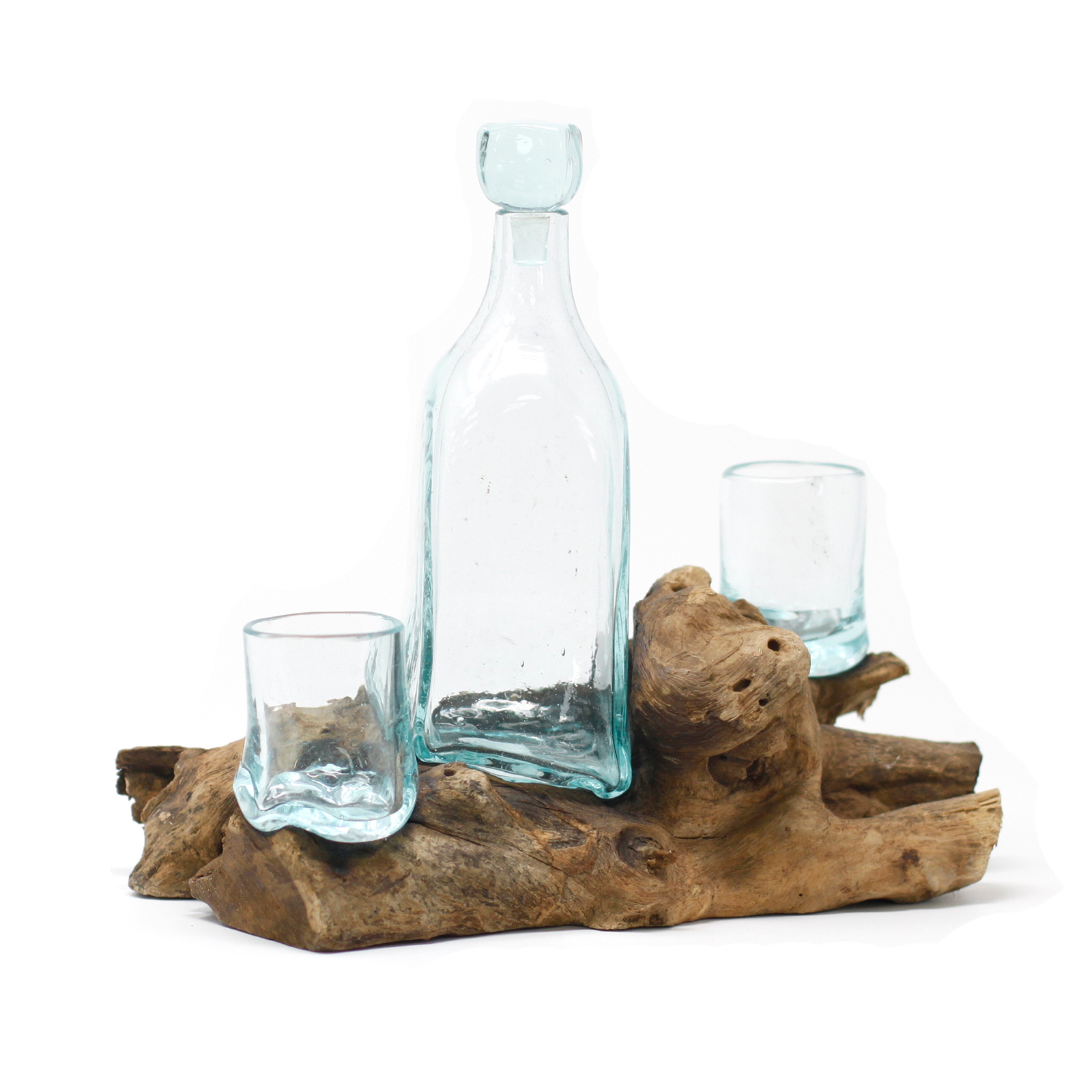 Service Carafe et 2 verres  - Verre soufflé sur bois rustique - DECO AUTHENTIQUE 