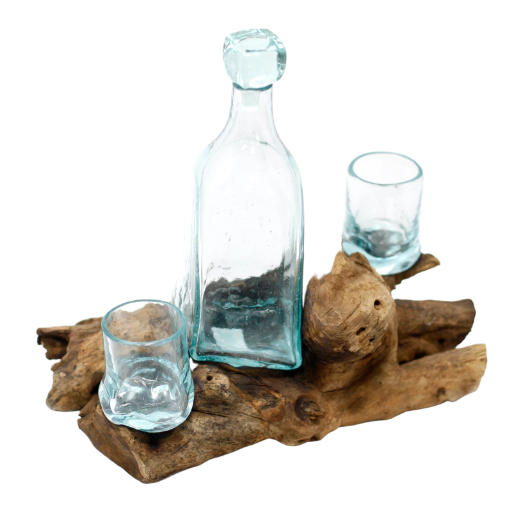 Service Carafe et 2 verres  - Verre soufflé sur bois rustique - DECO AUTHENTIQUE 