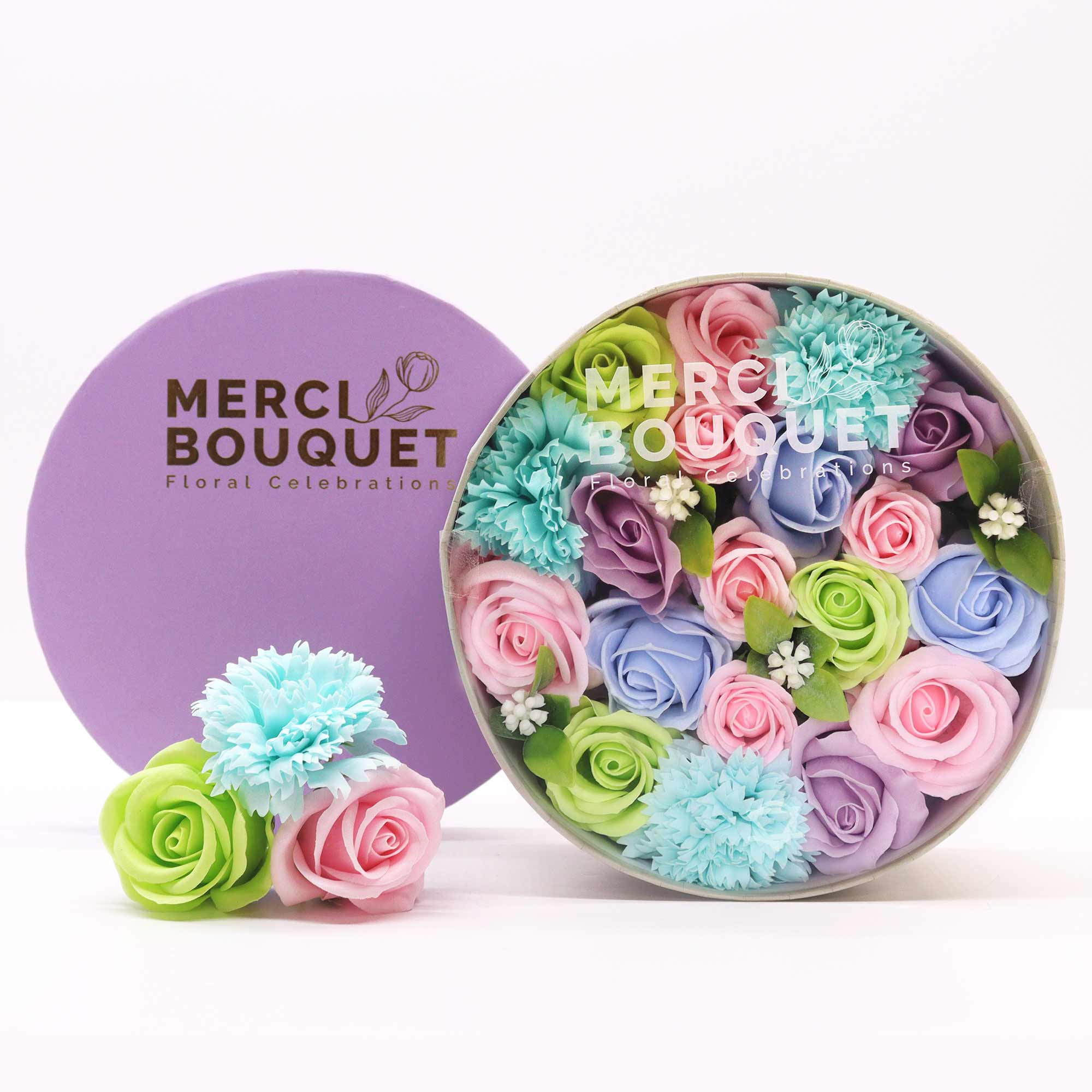 Coffret de savon Merci –  Tendrement – rose, bleu, violet, vert 