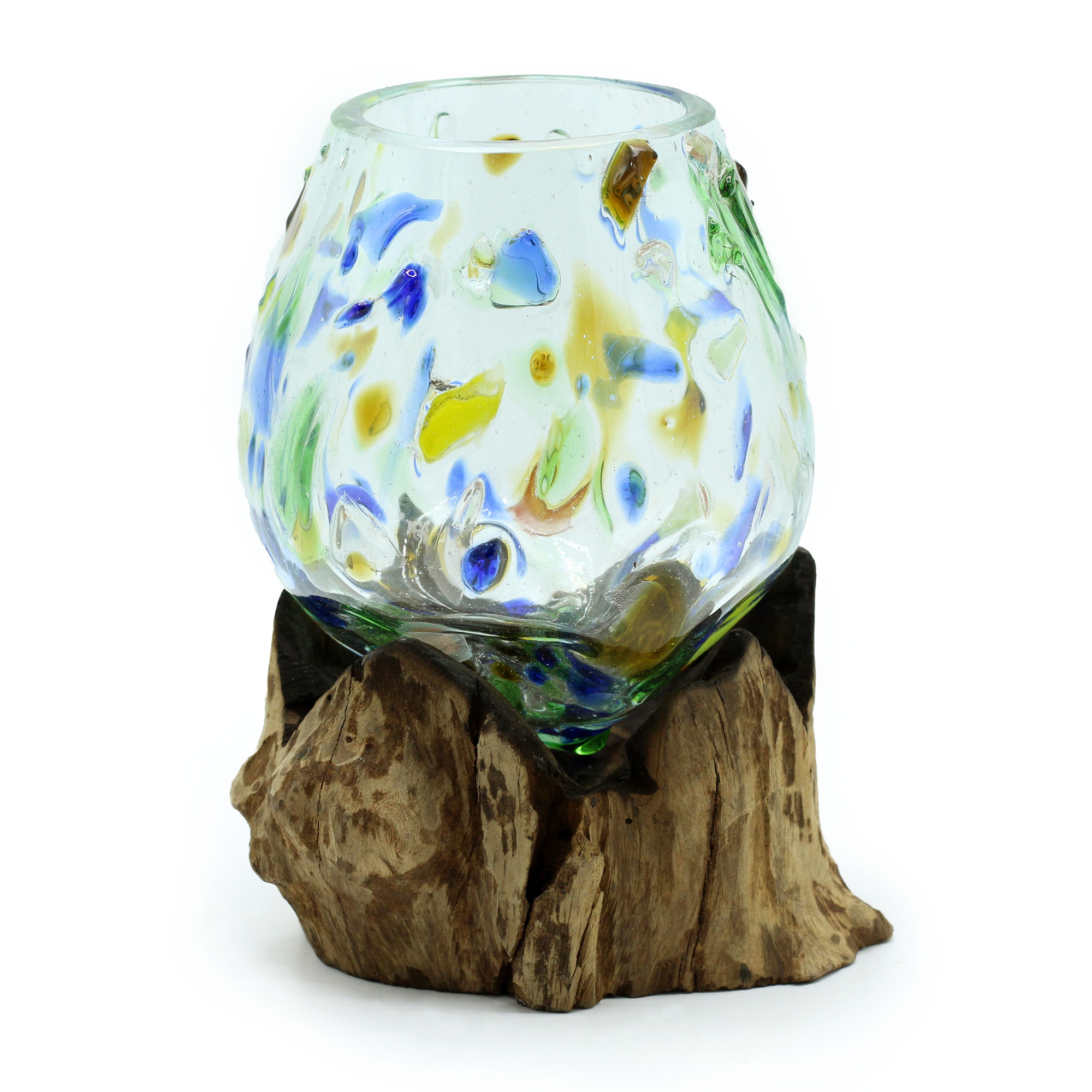 Bol verre soufflé sur bois rustique - DECO AUTHENTIQUE - Coloré