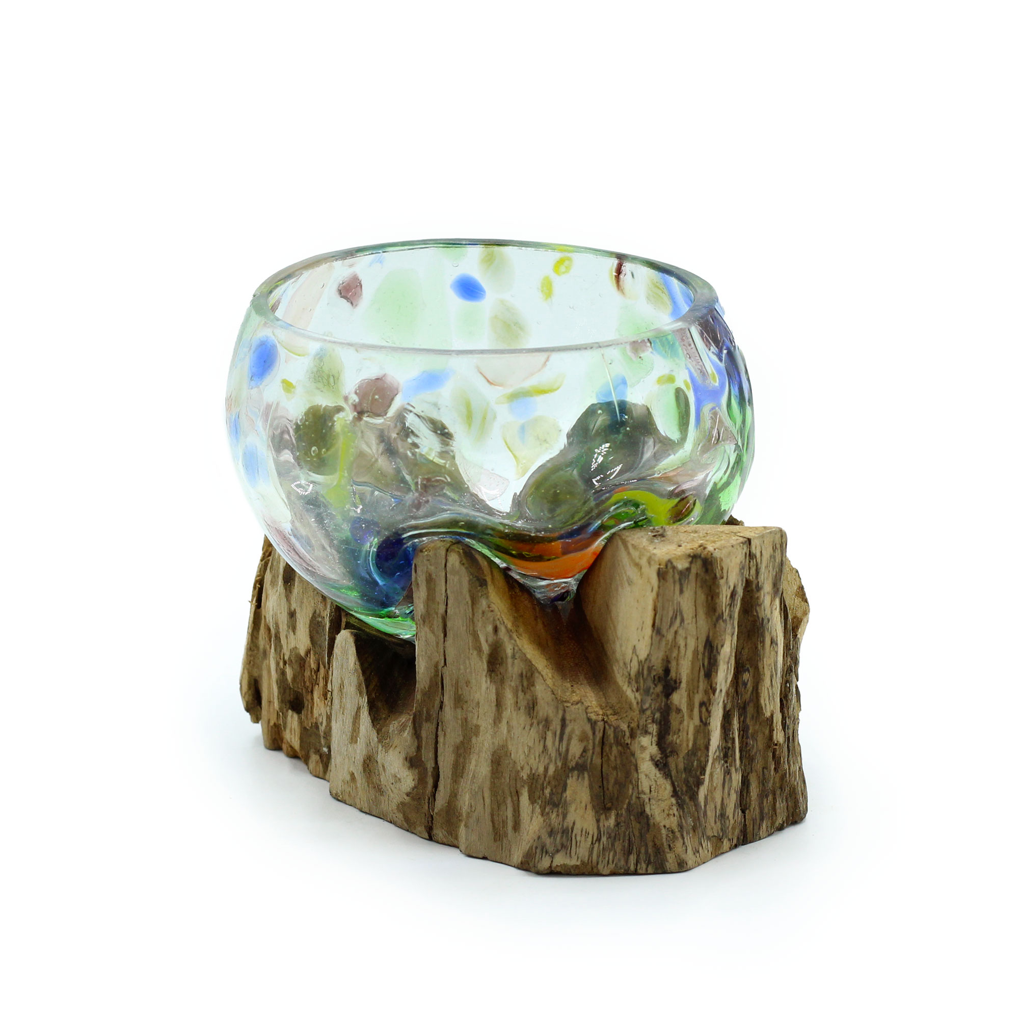 Bol verre soufflé sur bois rustique - DECO AUTHENTIQUE - Coloré petit format