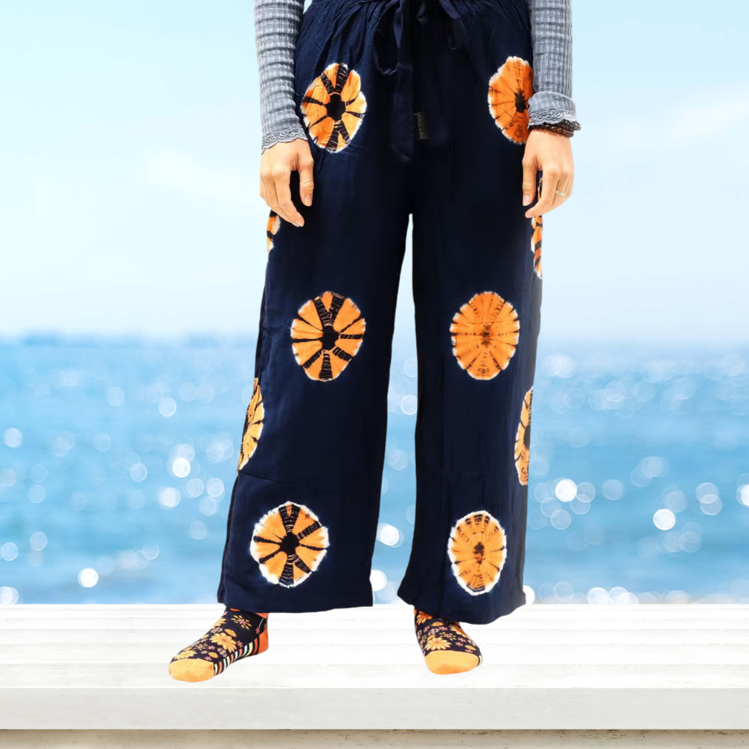 Pantalon de détente style japonais bleu marine et orange