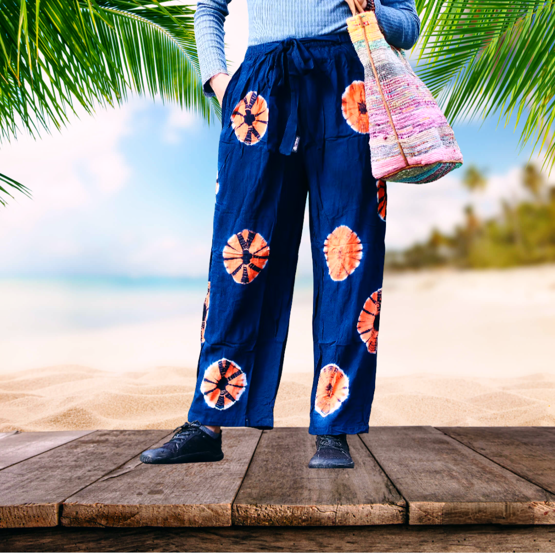 Pantalon de détente style japonais bleu marine et orange