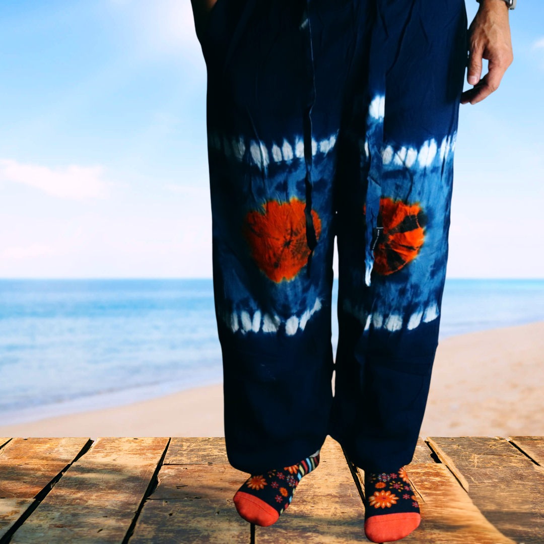 Pantalon de détente style japonais bleu marine et turquoise 