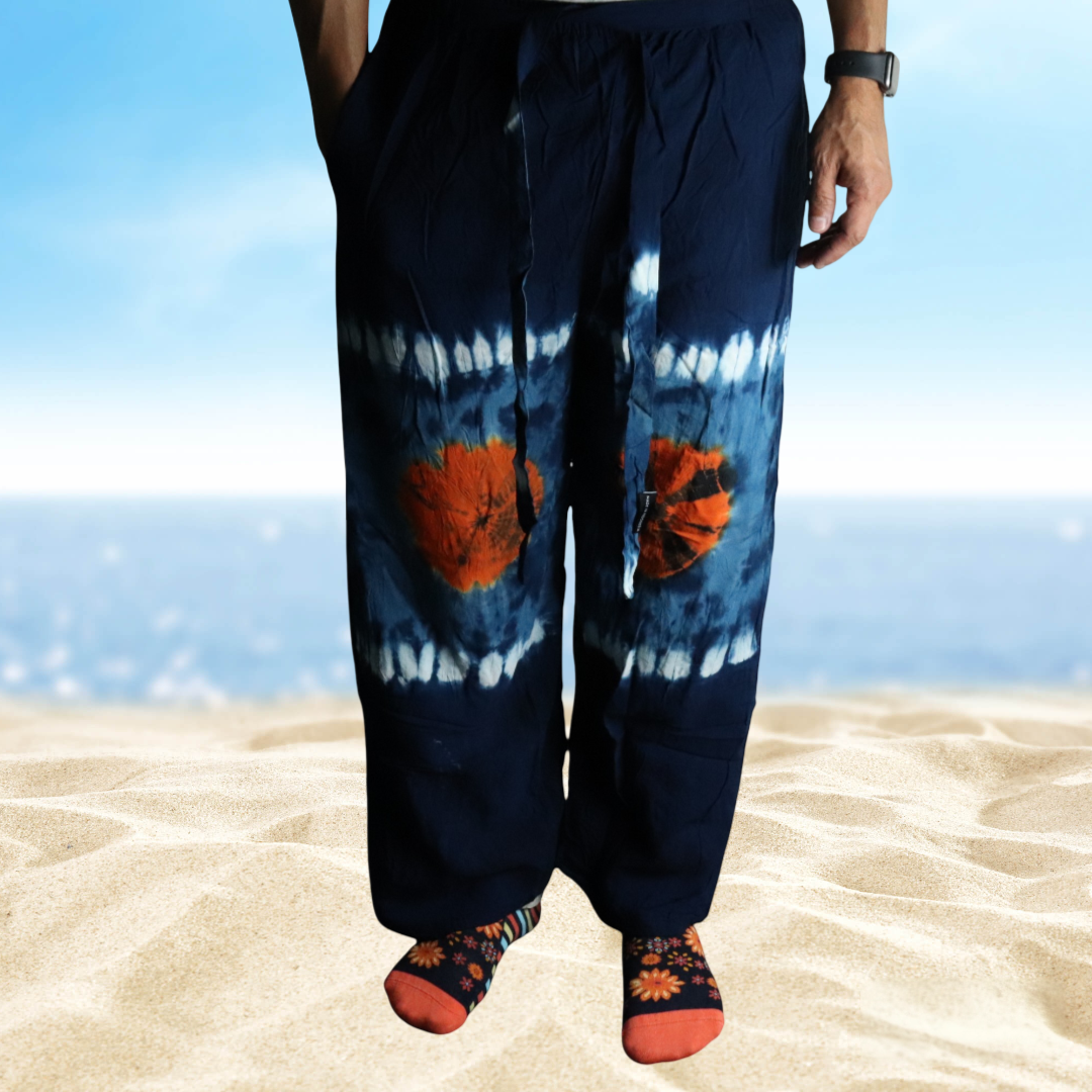 Pantalon de détente style japonais bleu marine et turquoise 