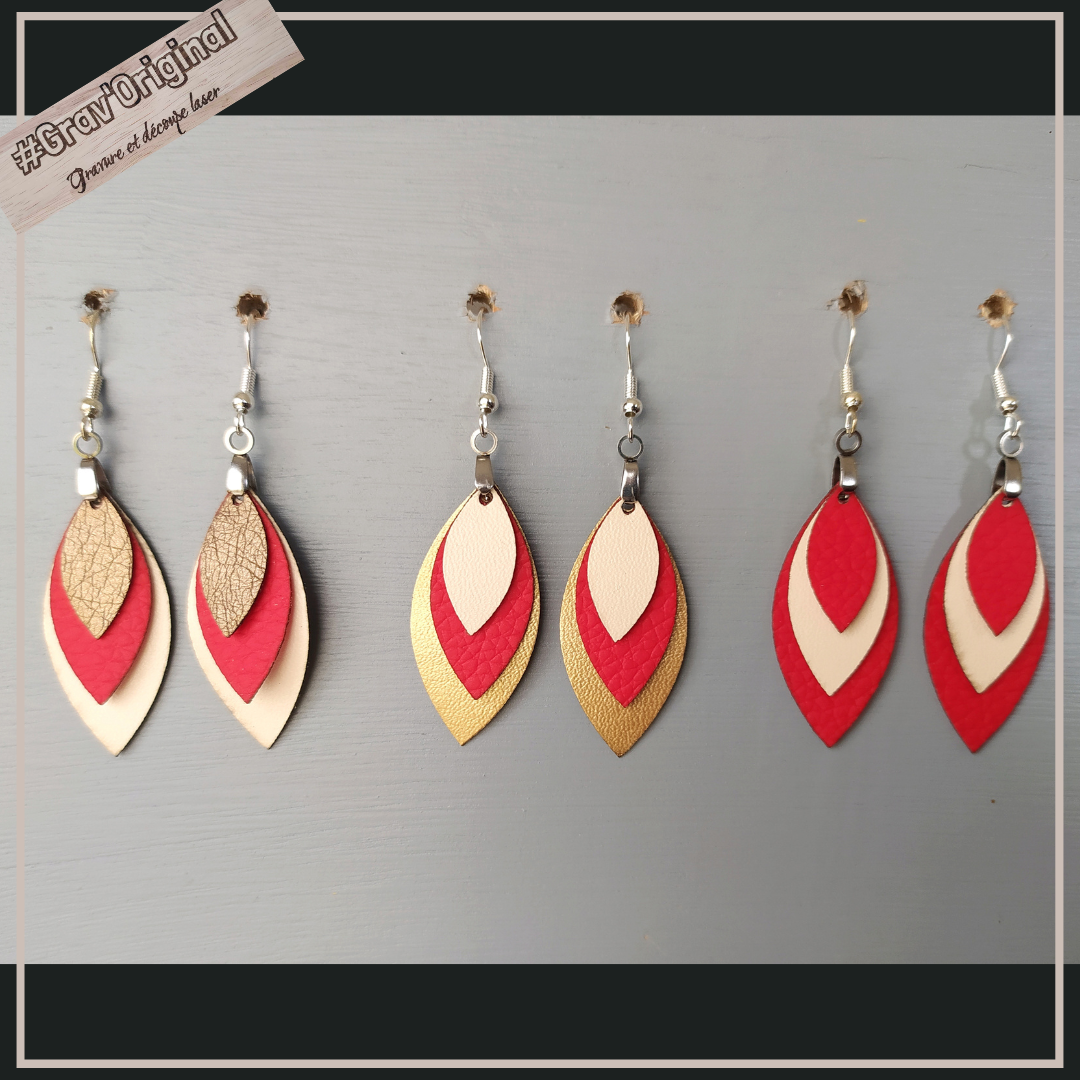 Boucles d'oreille en cuir (simili) #3 -  super légères, fabrication artisanale faite en France