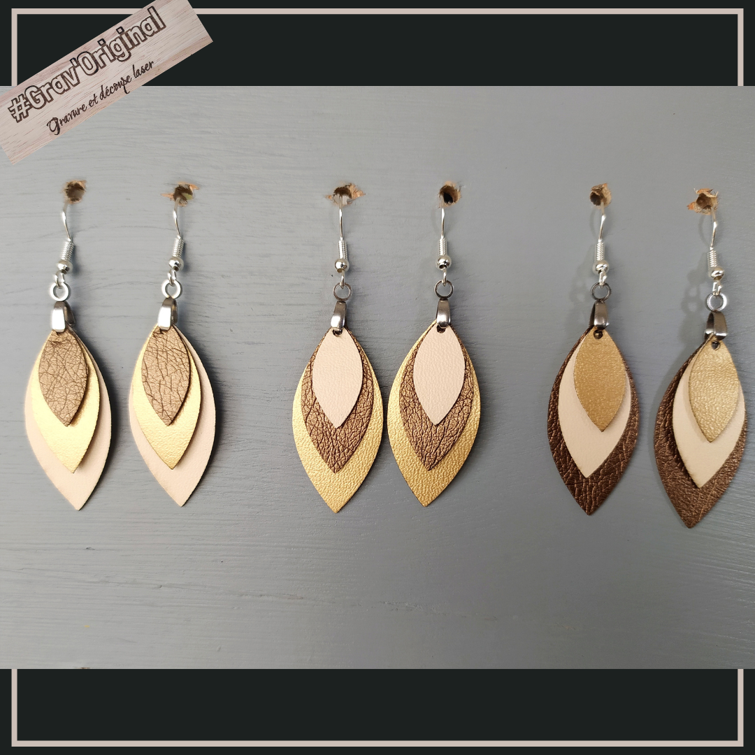 Boucles d'oreille en cuir (simili) #4 -  super légères, fabrication artisanale faite en France