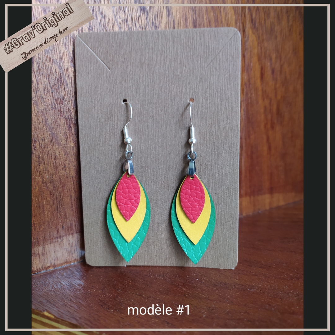 Boucles d'oreille en cuir (simili) #vertjaunerouge -  super légères, fabrication artisanale faite en France