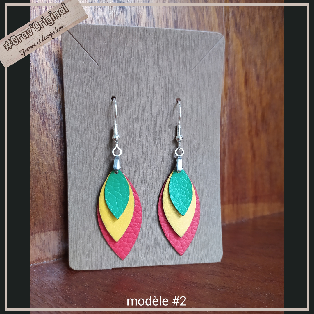 Boucles d'oreille en cuir (simili) #vertjaunerouge -  super légères, fabrication artisanale faite en France
