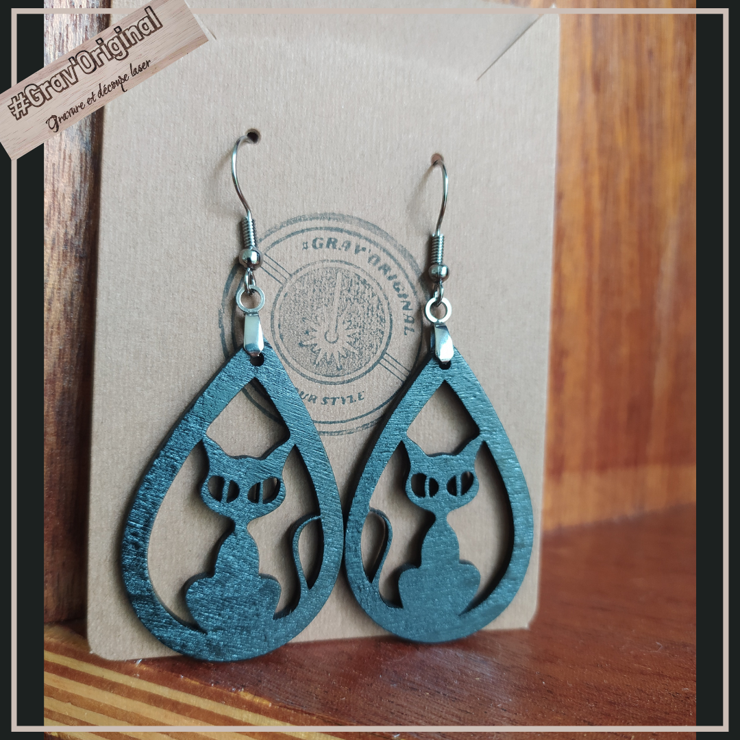 Boucles d'oreilles "chat" n°2 - en bois ultra légère 