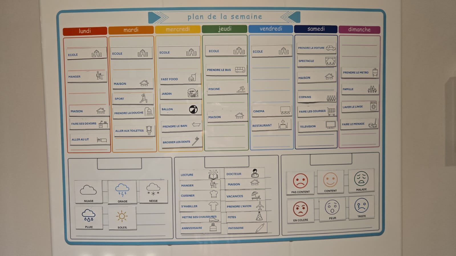 Tableau de Planification Hebdomadaire Magnétique A3, Kit avec 8 Marqueurs, 45 Pictogrammes, 11 magnets Émoji pour, TSA,TDAH, non verbaux