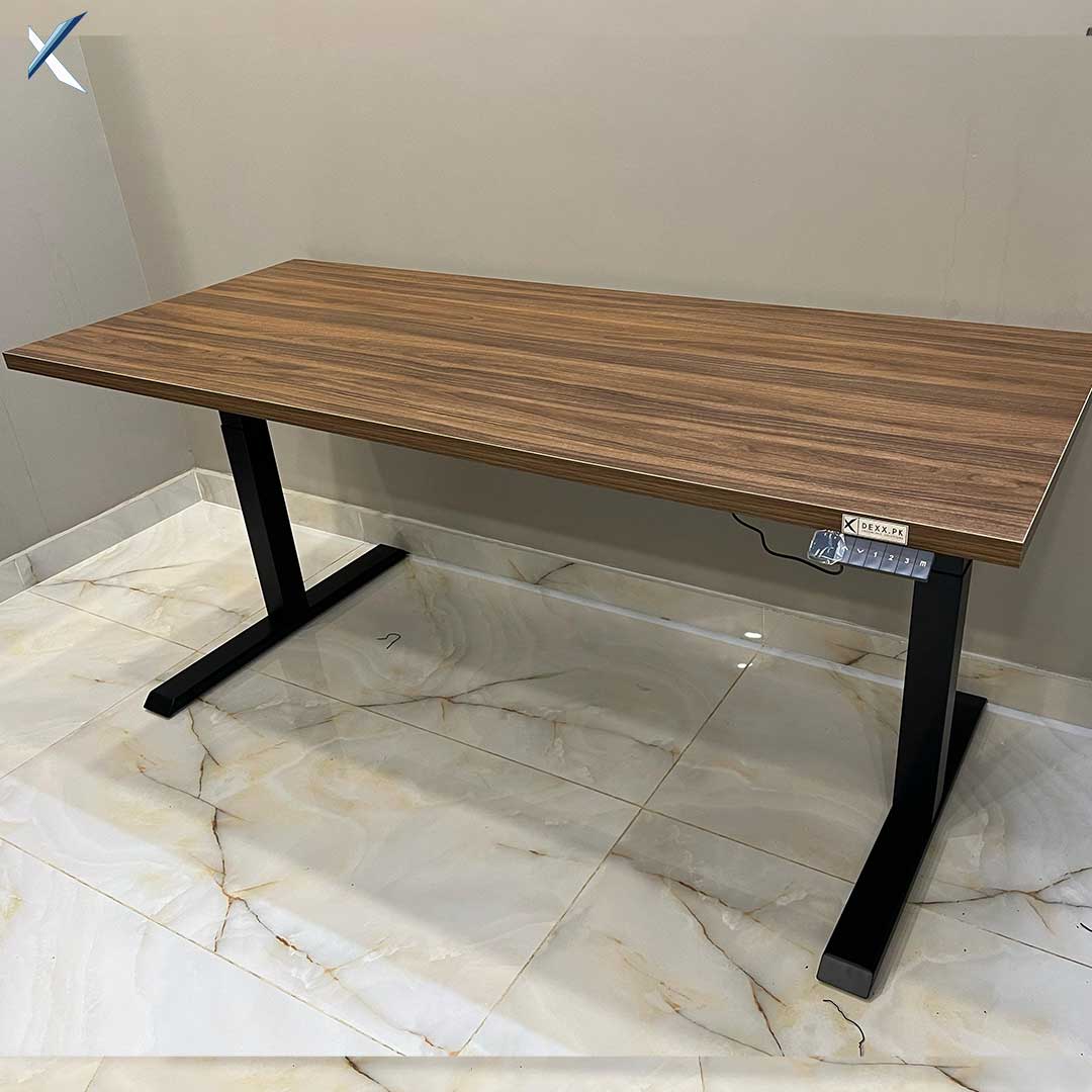 LIFT X3 | the best Smart height adjustable sit stand desk black Frame and brown wooden texture top 