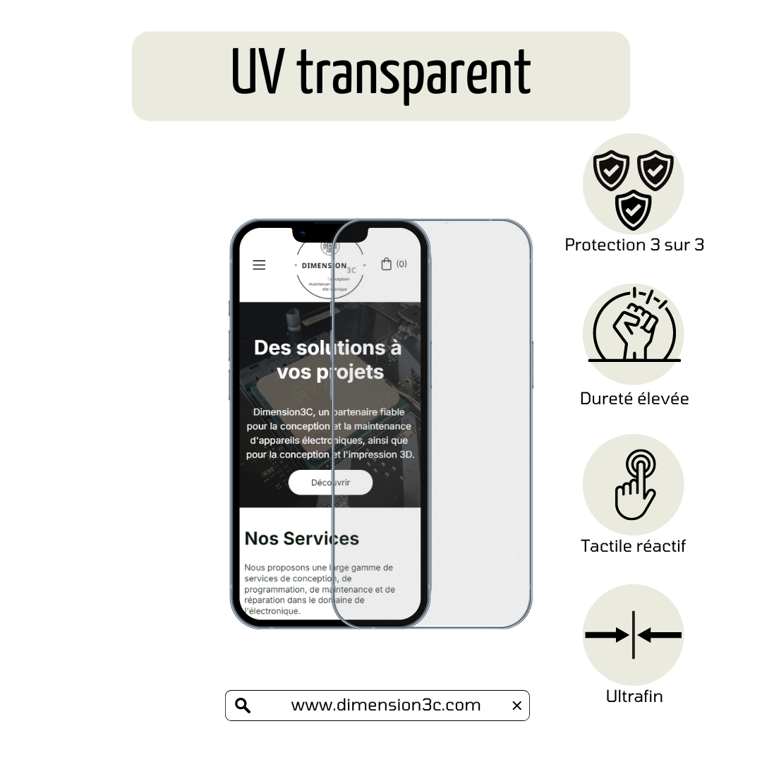 Protection d'écran hydrogel UV transparent pour smartphone toute marque.