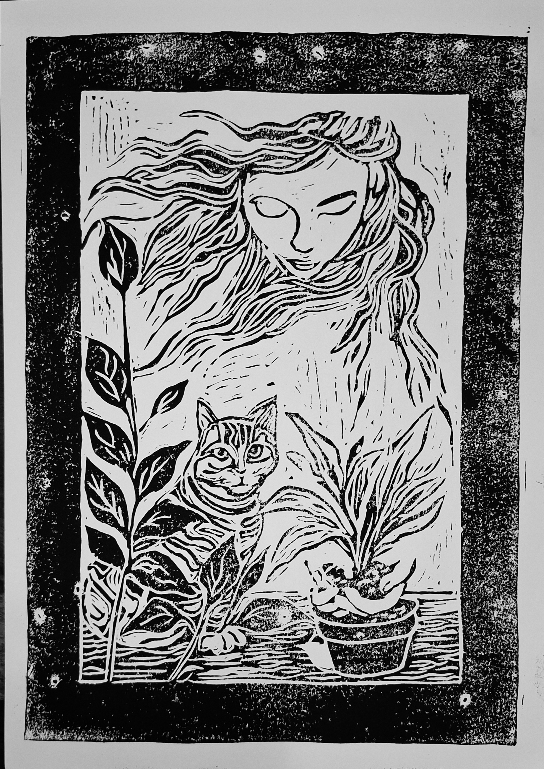 Linoldruck-Kunstwerk Let her grow