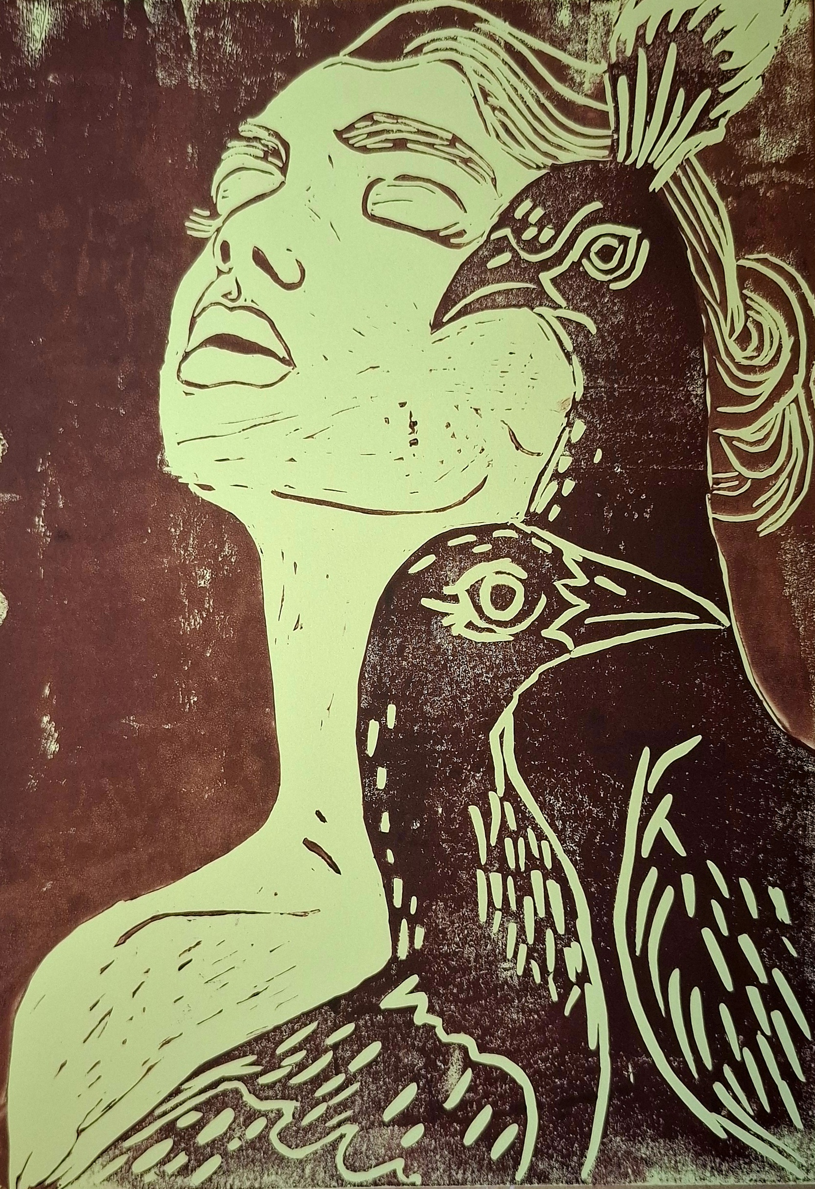 Linoldruck Kunstwerk: Frau mit Pfauen