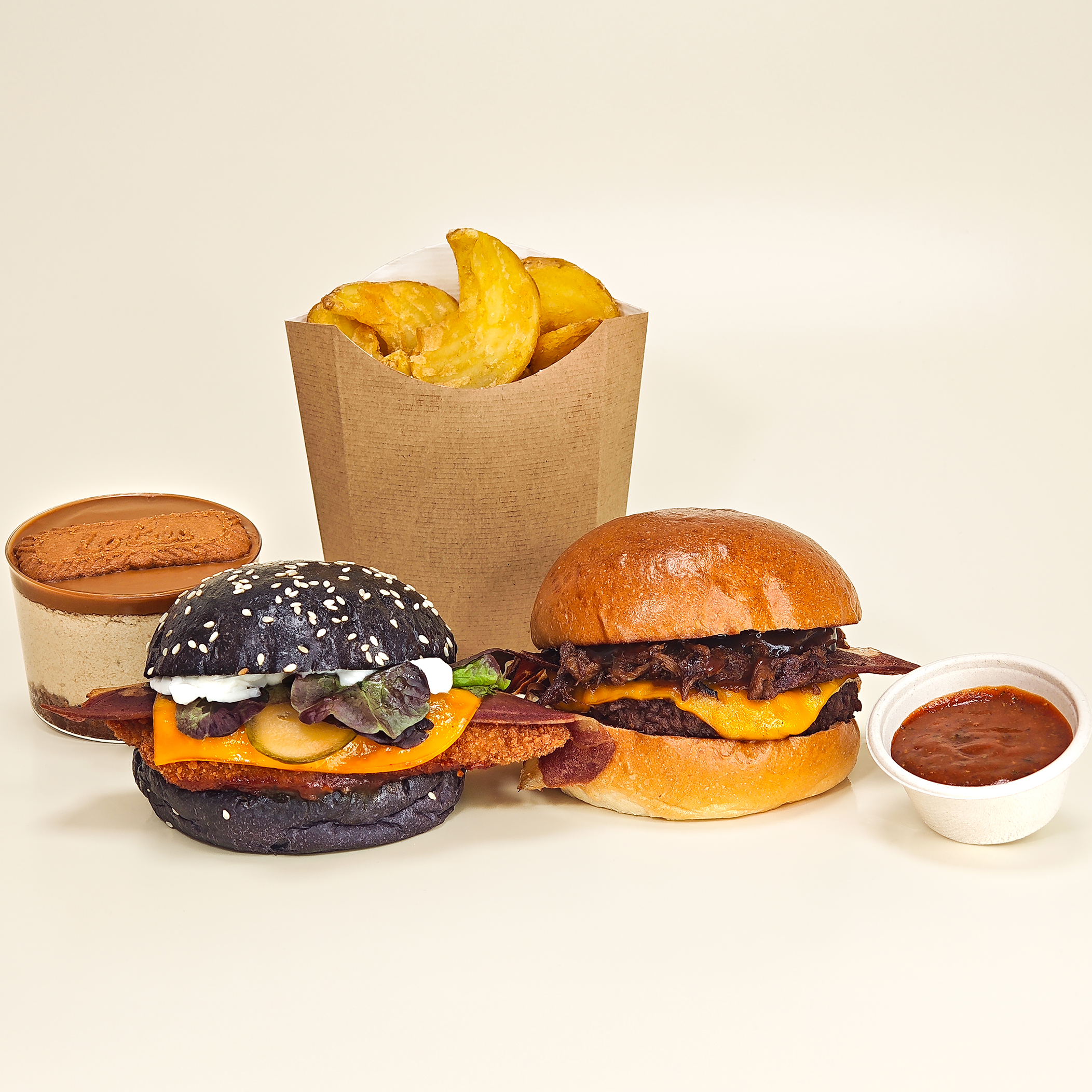 2 Burger a escoger+ 1 ración de patatas+ 1 postre