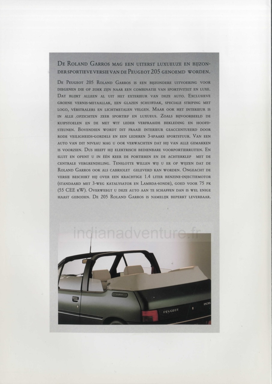 Brochure Peugeot 205 Roland Garros (Pays-Bas)