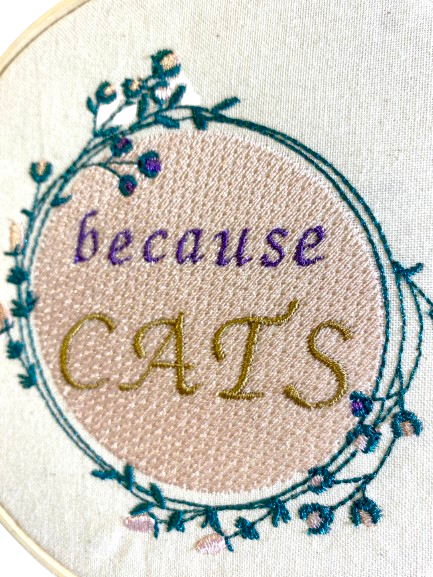 Pussolini™embroidery art: Because Cats (purple/gold)
