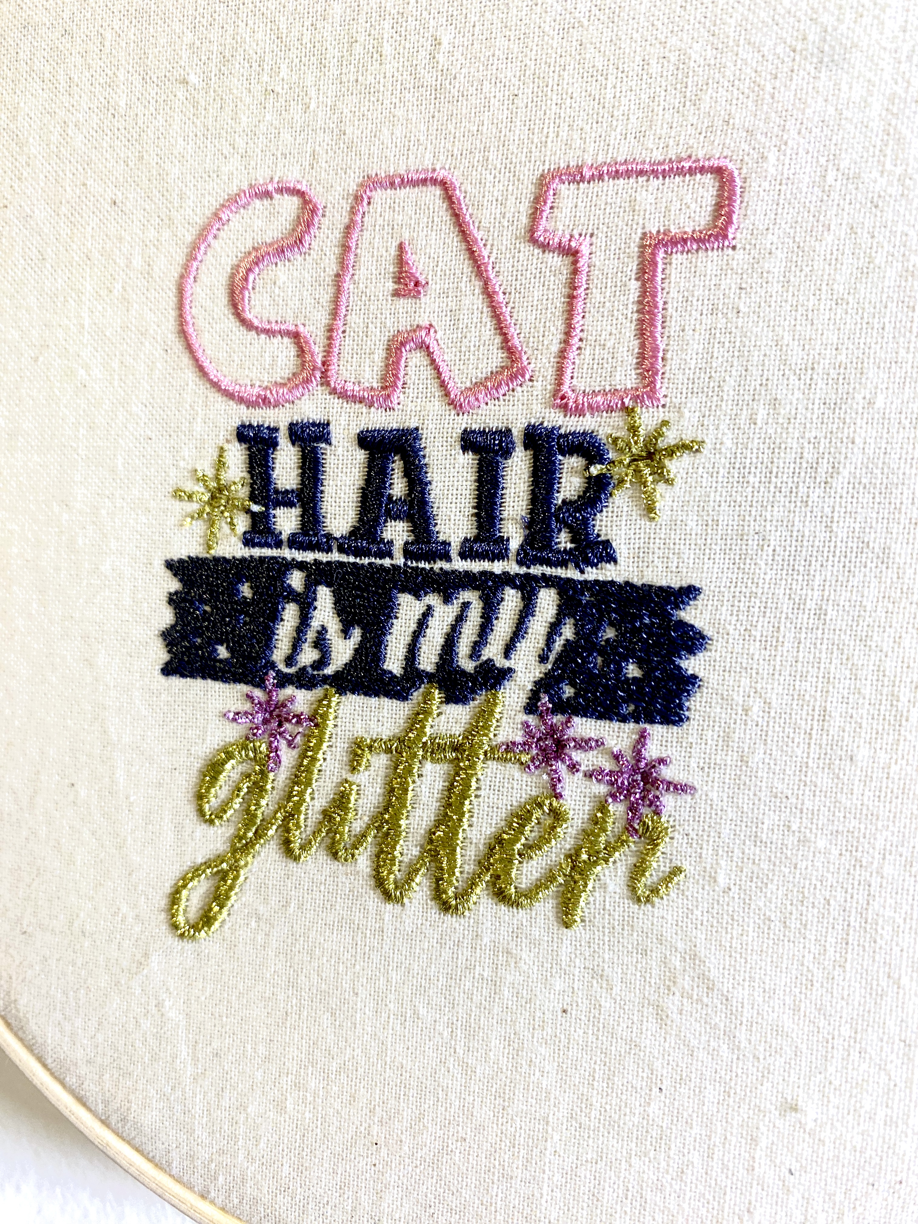 Pussolini™ embroidery art: Cat hair is my glitter (lilac)