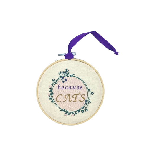 Pussolini™embroidery art: Because Cats (purple/gold)
