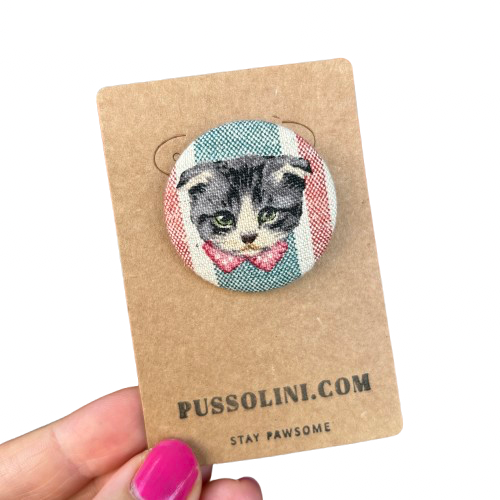 Pussolini™ stoffen button: grijze cyper met strik