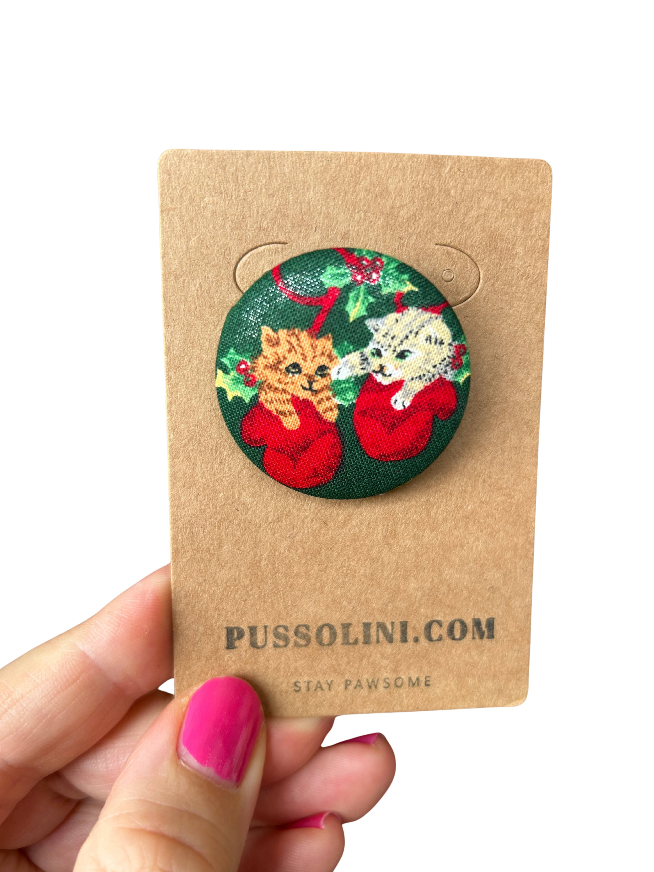 Pussolini™ stoffen kerstbutton