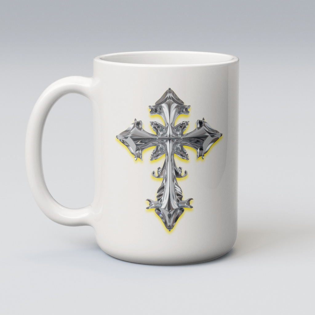 White ceramic mug with cross design