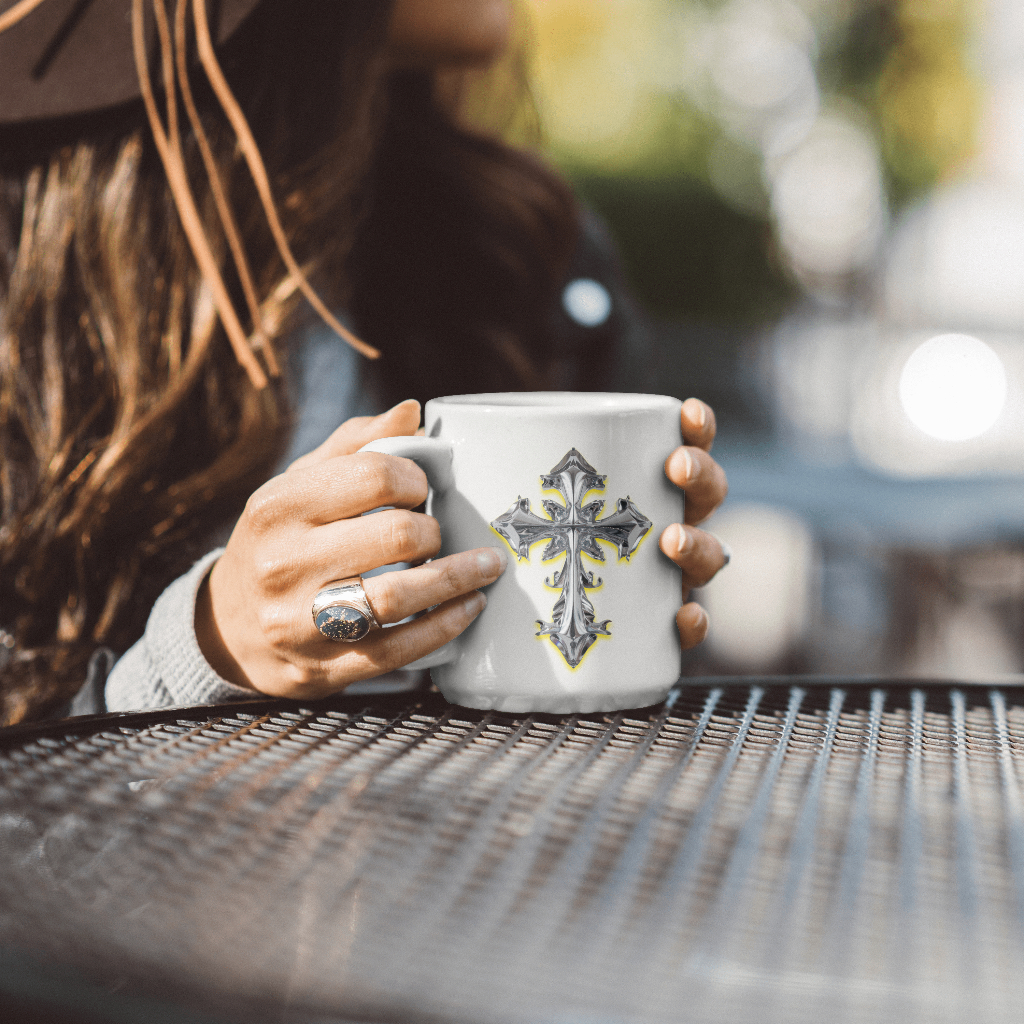 White ceramic mug with cross design