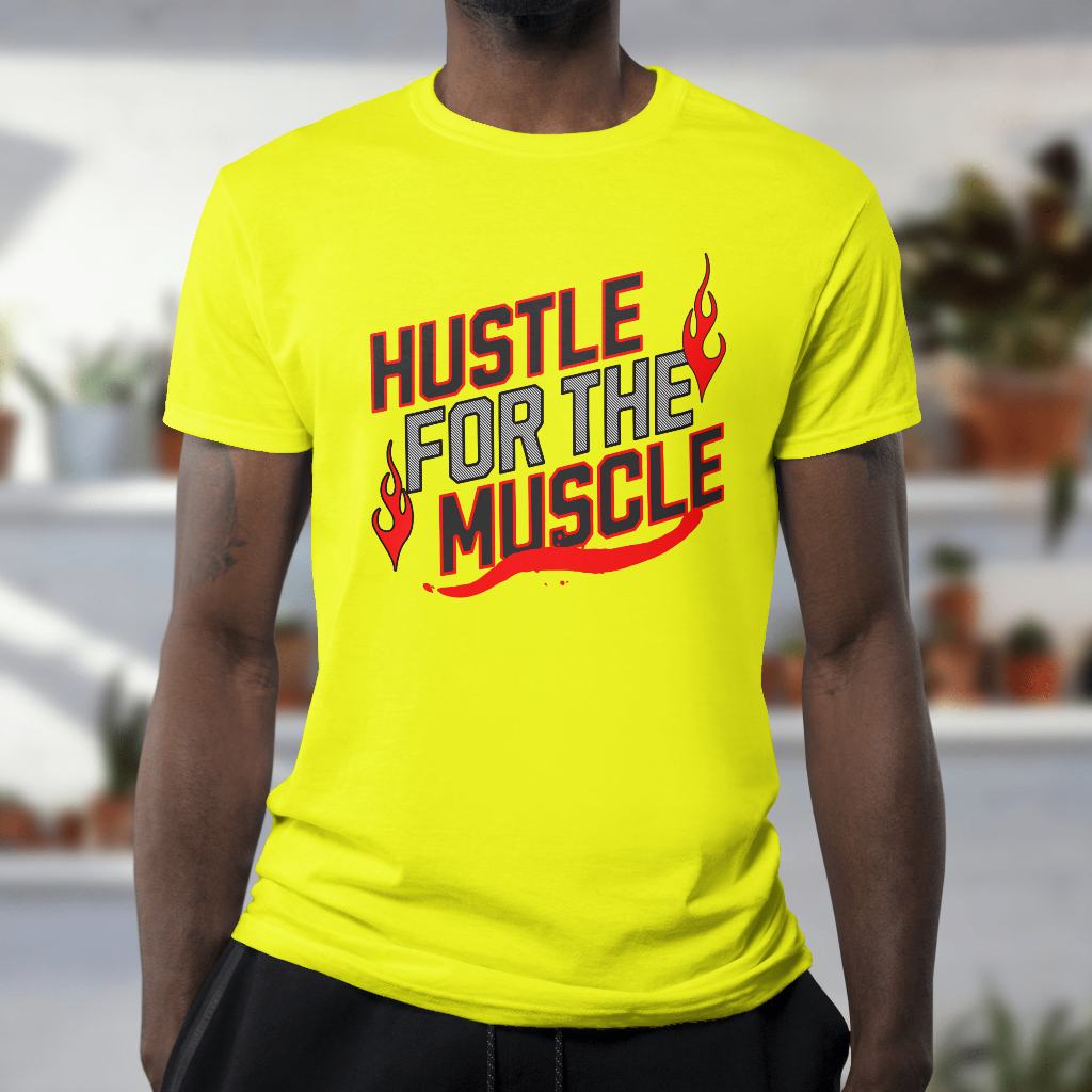 Yellow 'hustle for the muscle' t-shirt
