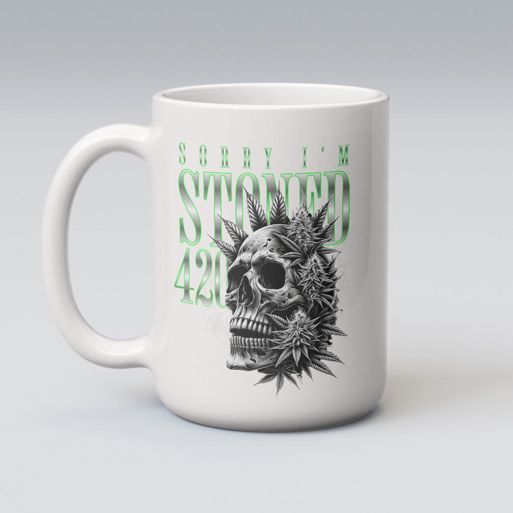 Novelty skull mug :"sorry im stoned"