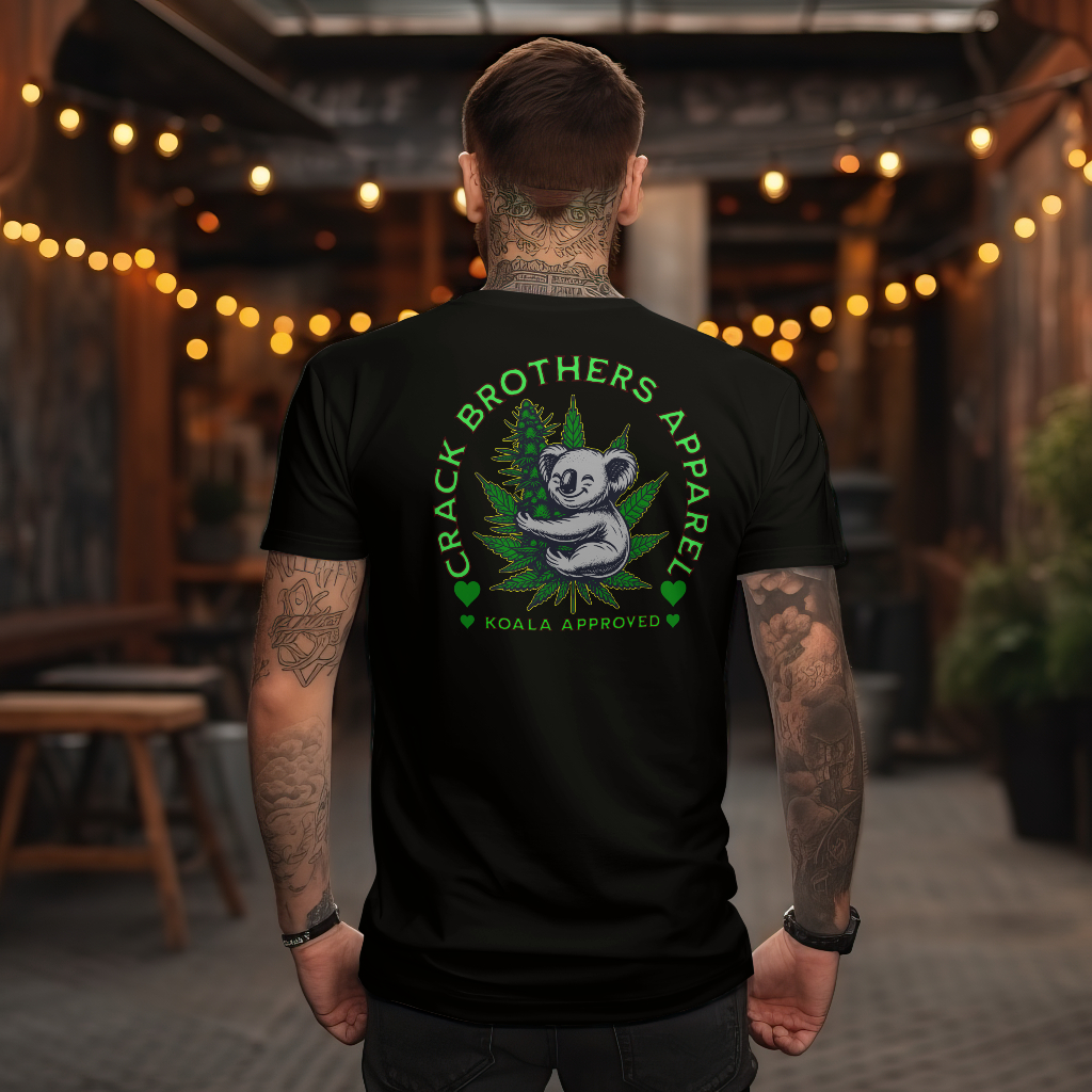 Crack brothers apparel t-shirt koala holding bud design on back 