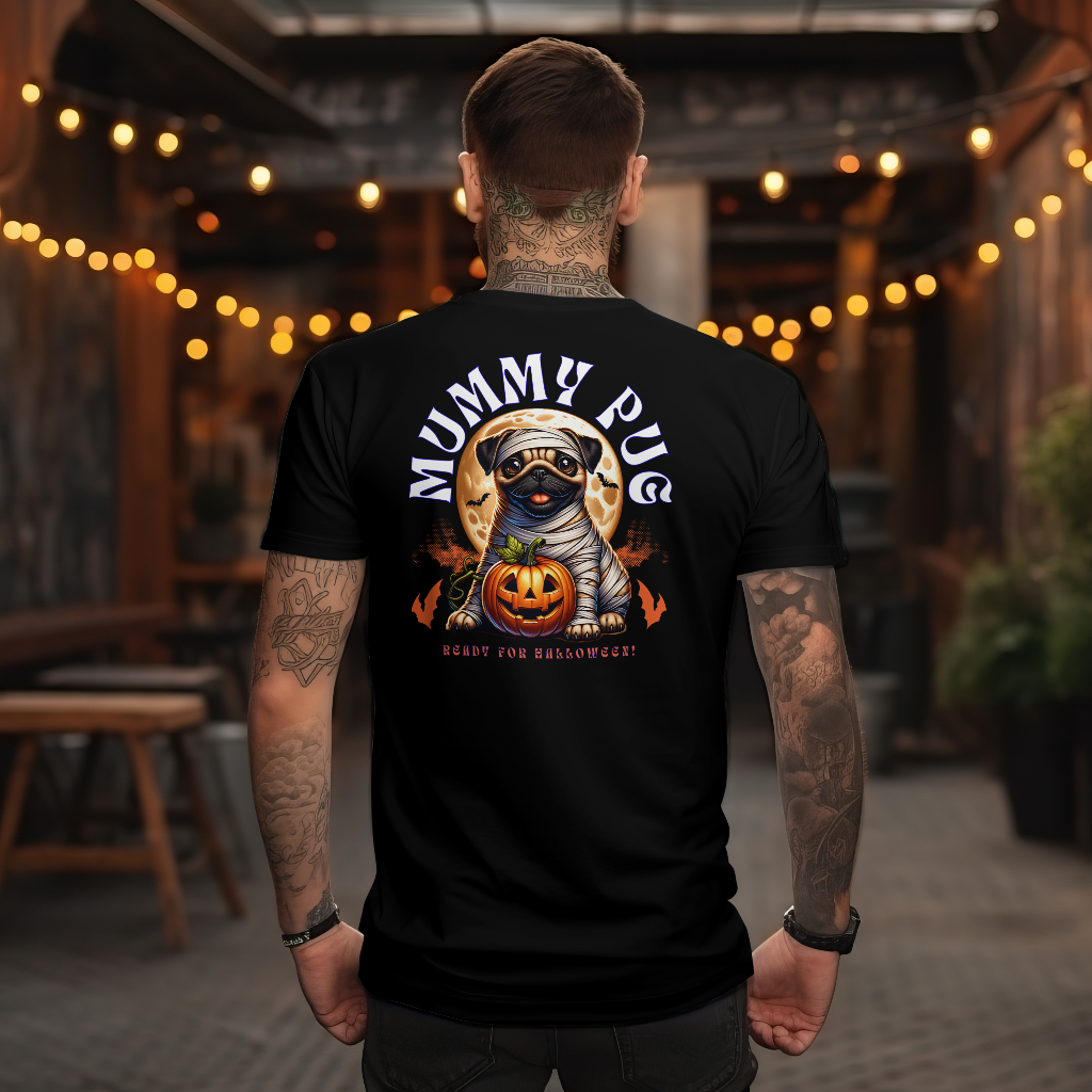 Mummy pug halloween t-shirt rear design