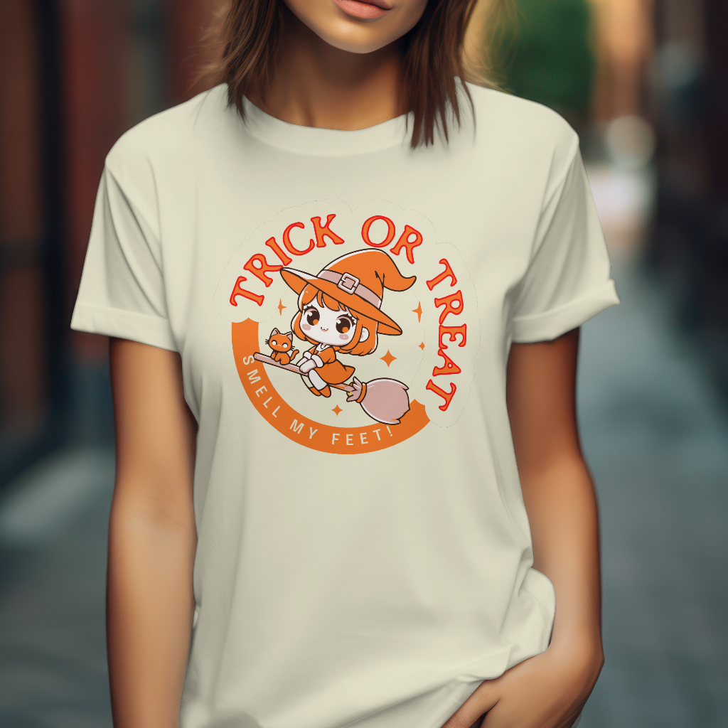 Halloween themed trick or treat smell my feet t-shirt front design