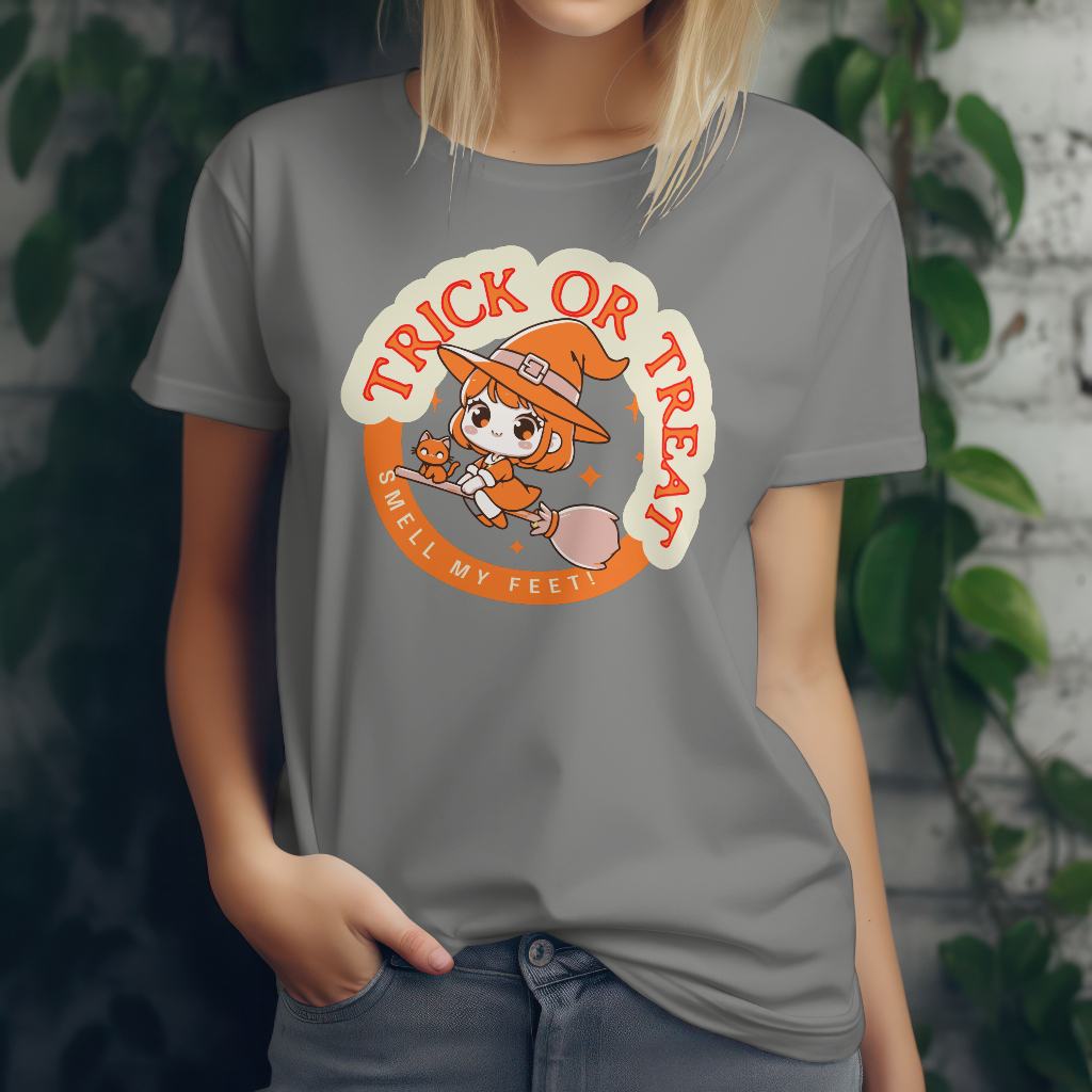 Halloween themed trick or treat smell my feet t-shirt front design