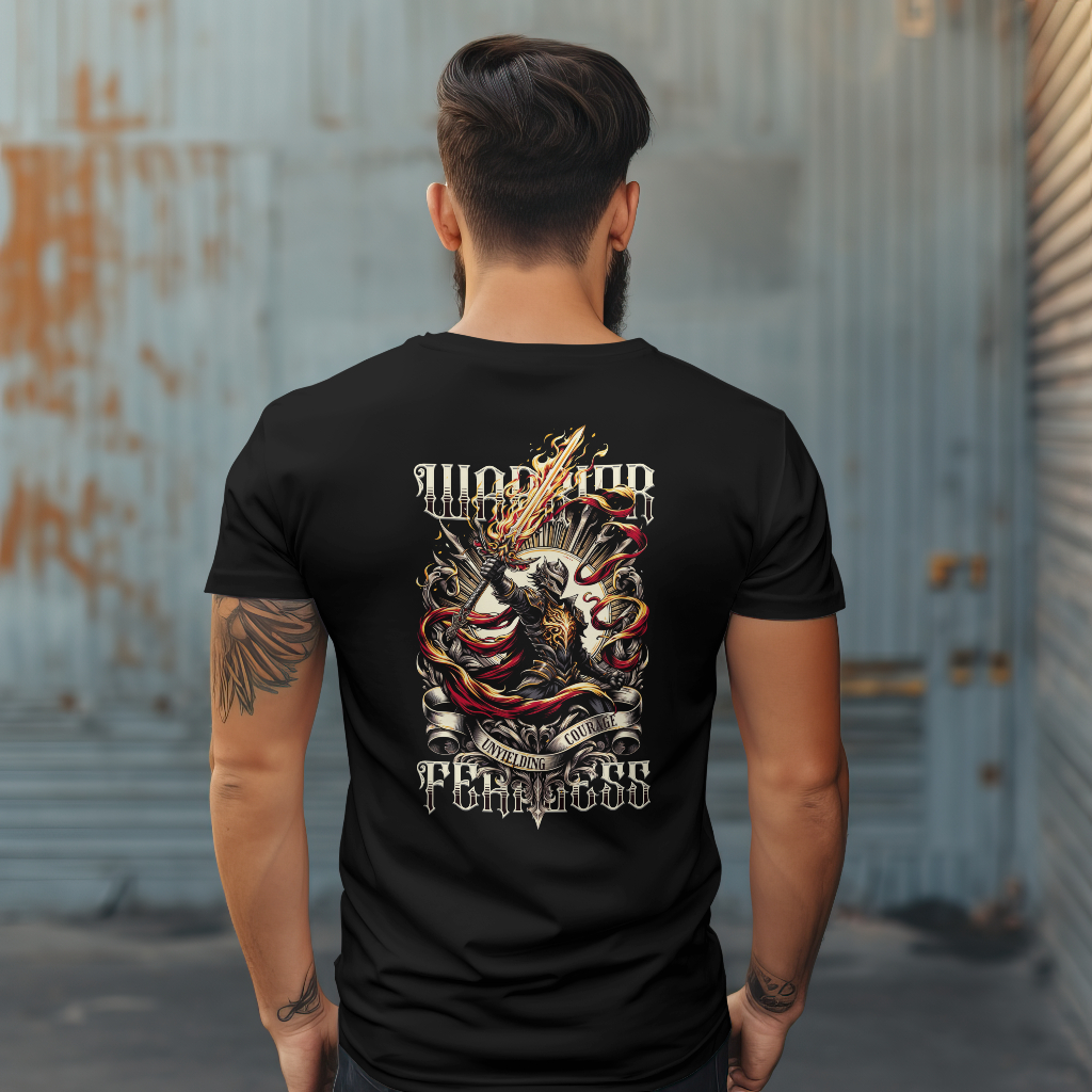 Graphic Knight with flaming sword T-shirt design on back