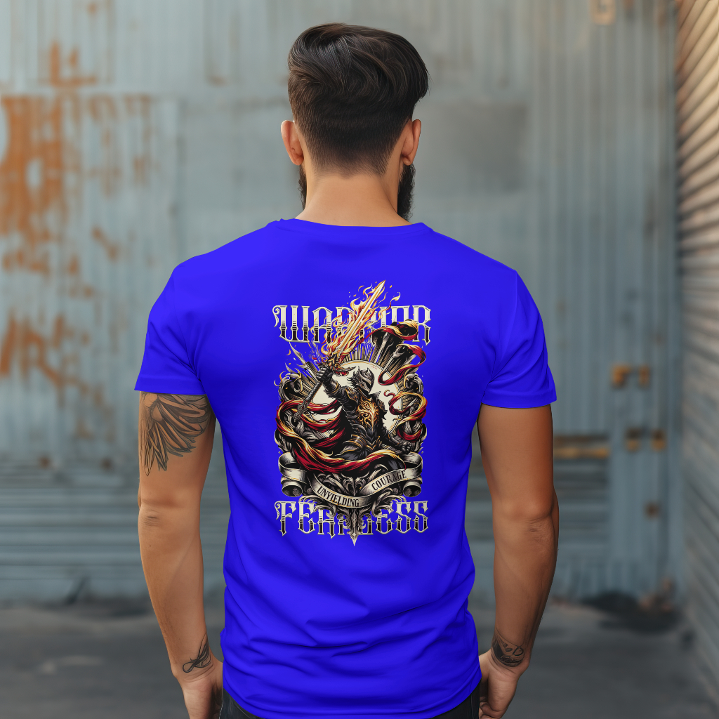 Graphic Knight with flaming sword T-shirt design on back