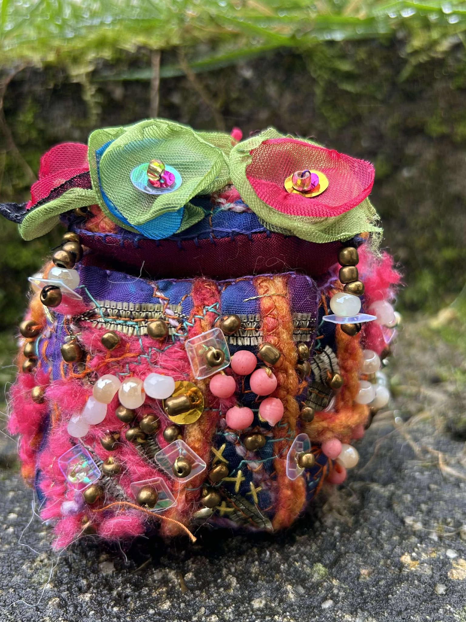 Textile Art Floral Treasure Box with Satin Lining