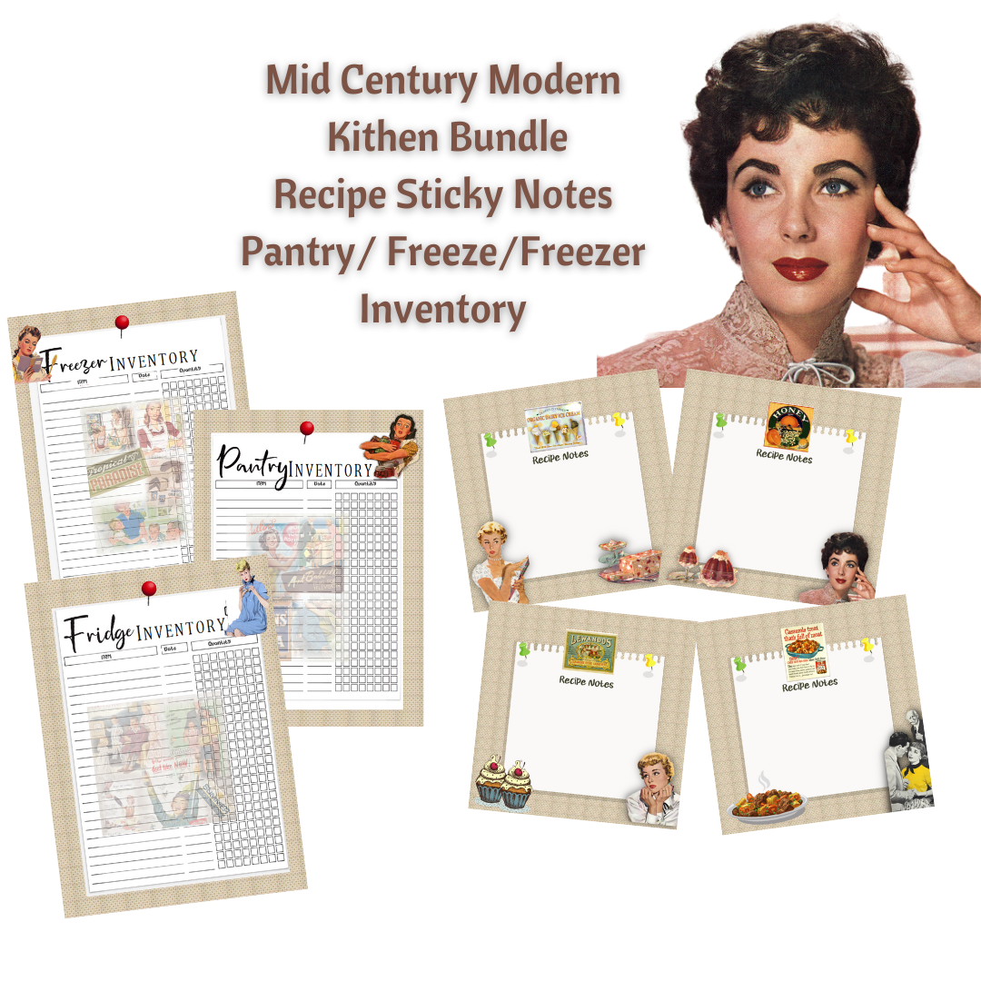 1950s Housewife Printable Kitchen Inventory Bundle with Sticky Notes