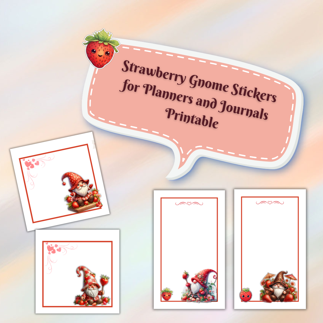 Strawberry Gnome Stickers Printable for Planners - Cute, Fun & Whimsical Decor, DIY Craft Stickers, Digital Download