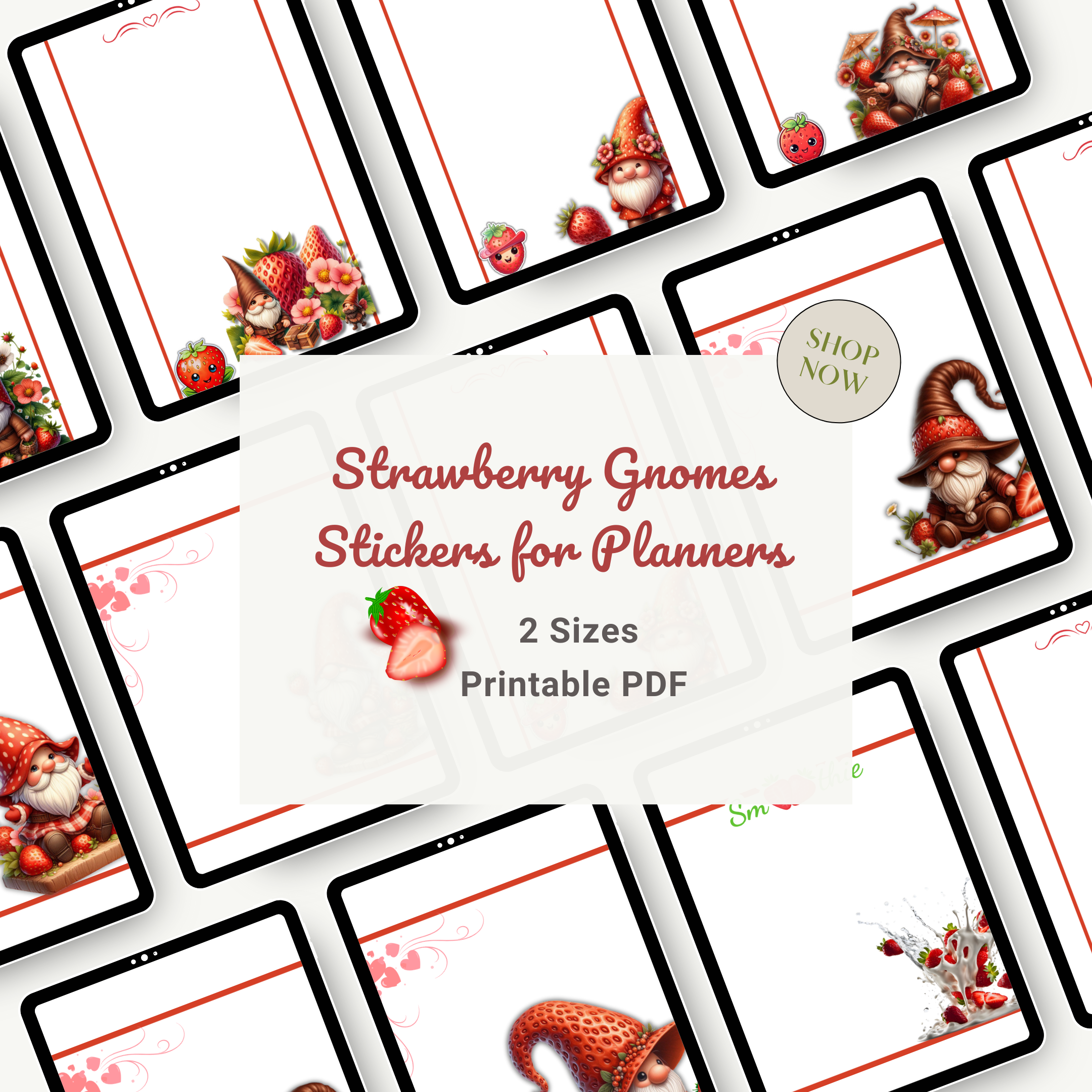 Strawberry Gnome Stickers Printable for Planners - Cute, Fun & Whimsical Decor, DIY Craft Stickers, Digital Download
