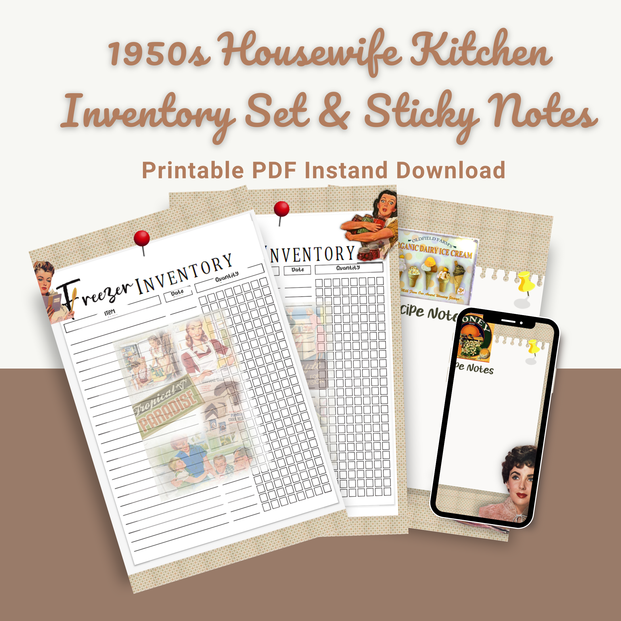 1950s Housewife Printable Kitchen Inventory Bundle with Sticky Notes