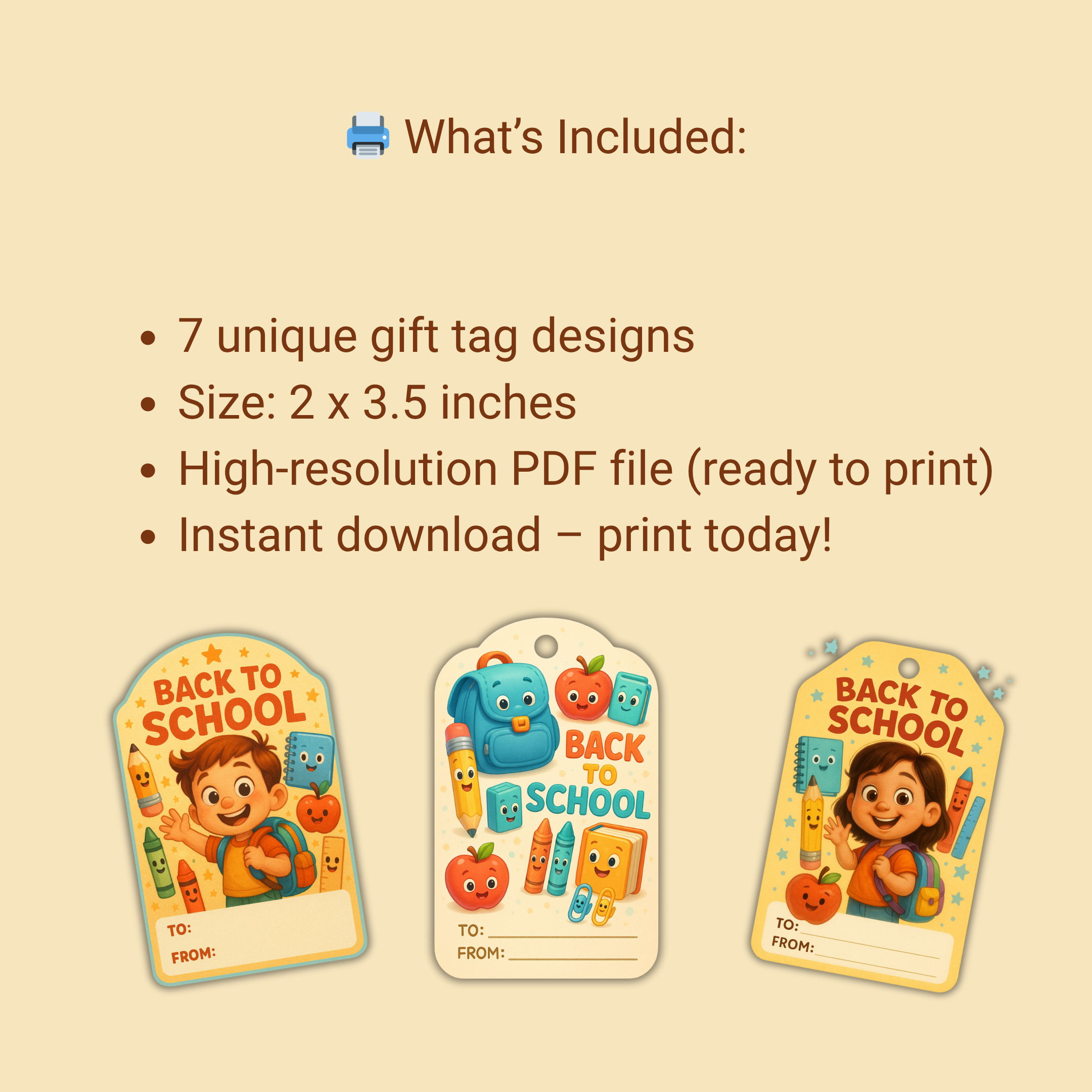 Back to School Favors Gift Tags – Set of 7 Unique Printable Designs