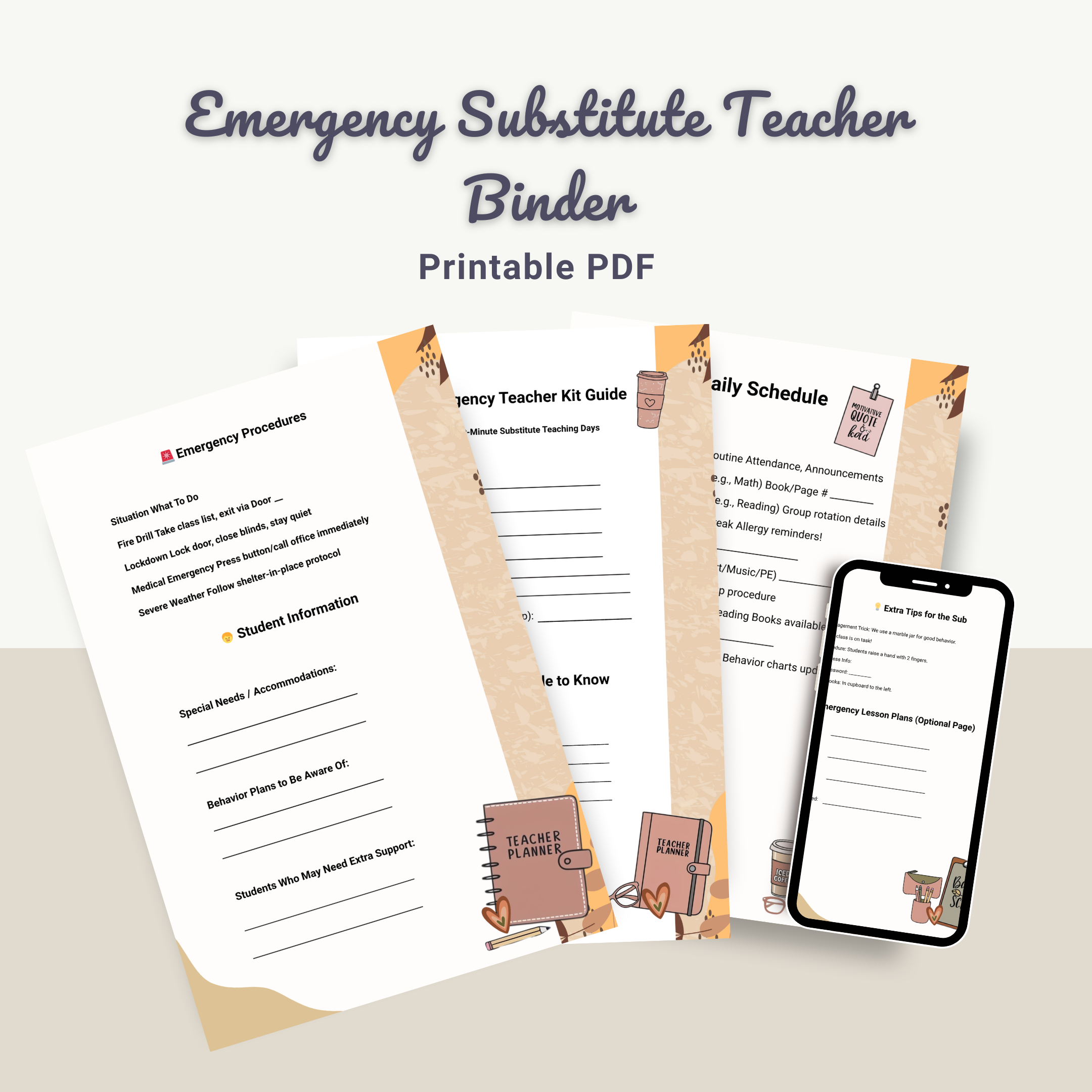 Teacher Emergency Substitute Kit Printable PDF